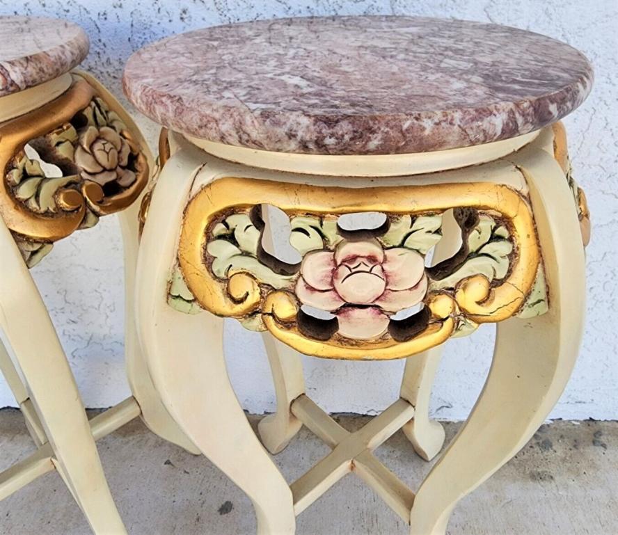 French Provincial French Side Tables Gold Leaf Gilt Marble Tops For Sale