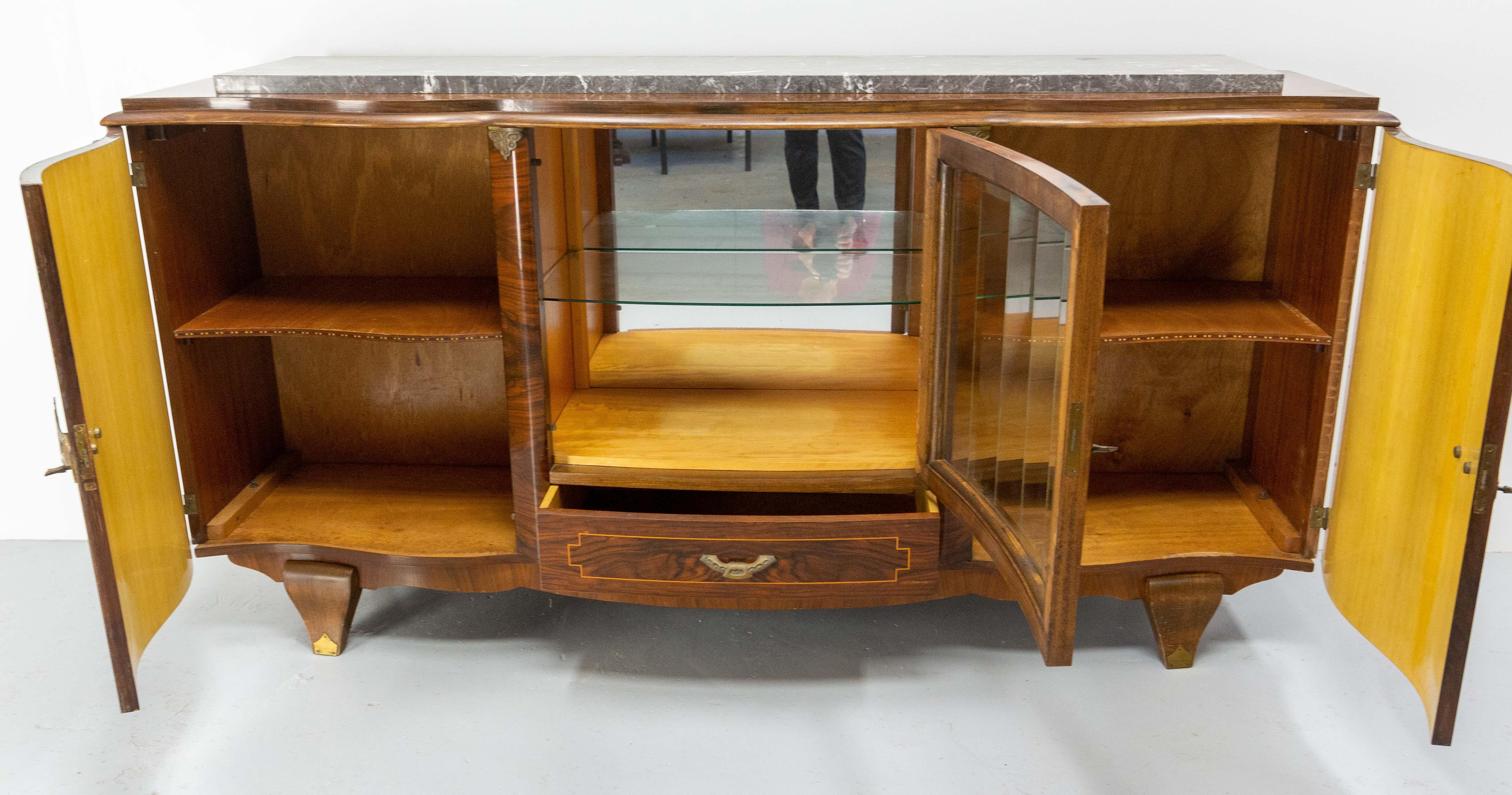 French Sideboard Credenza Buffet Walnut Brass & Marble, with Beveled Vitrine 60s For Sale 2