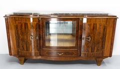 French Sideboard Credenza Buffet Walnut Brass & Marble, with Beveled Vitrine 60s