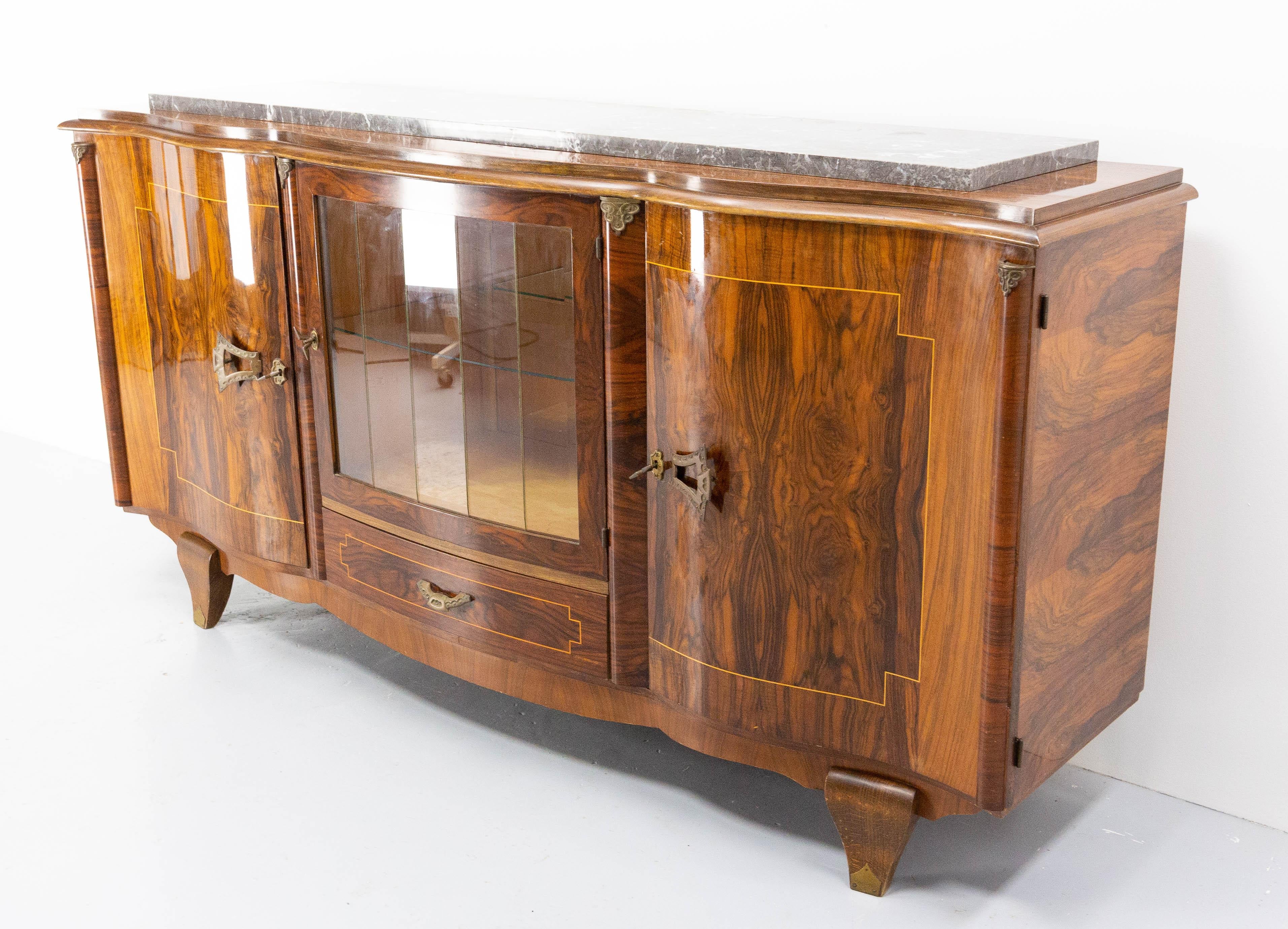 Mid-Century Modern French Sideboard Credenza Buffet Walnut Brass & Marble, with Beveled Vitrine 60s For Sale