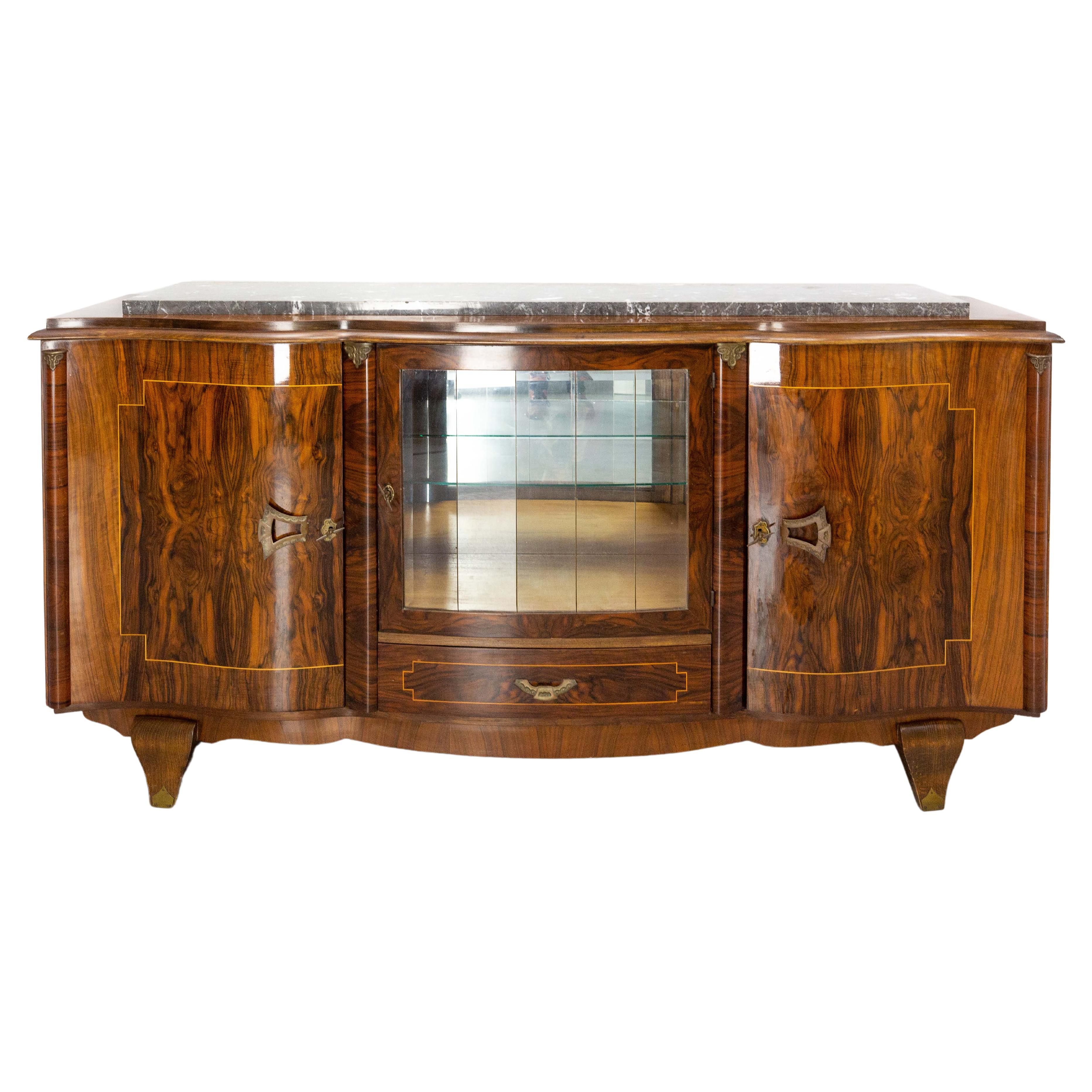 French Sideboard Credenza Buffet Walnut Brass & Marble, with Beveled Vitrine 60s For Sale