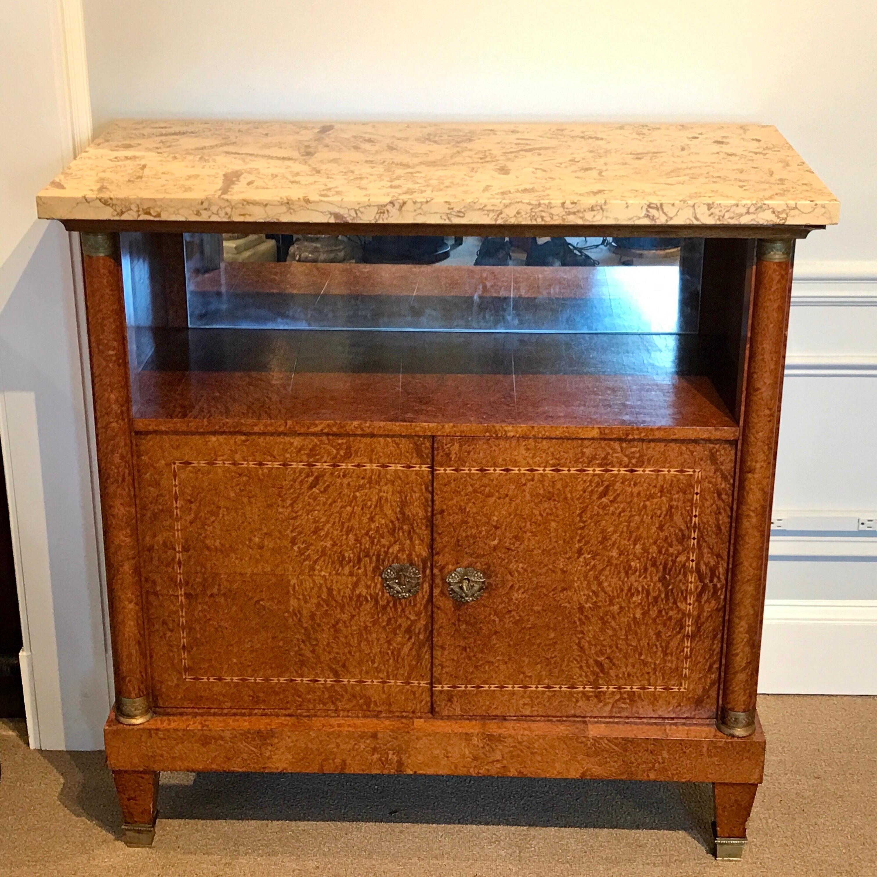 French Sienna marble and burlwood bar or sideboard, with thick sienna marble top with infused fossils, over a conforming case with one mirror back shelf (32