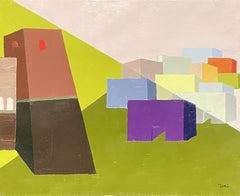 CONTEMPORARY FRENCH CUBIST ABSTRACT GEOMETRIC COMPOSITION OF OLD TOWN