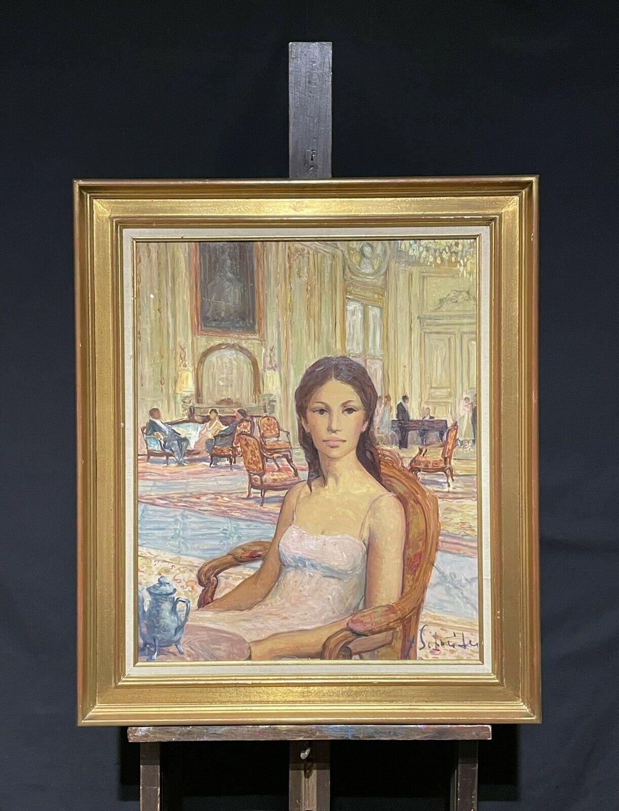 SIGNED FRENCH OIL - LADY SEATED IN LE MEURICE HOTEL PARIS TEA SALON INTERIOR - Painting by French signed