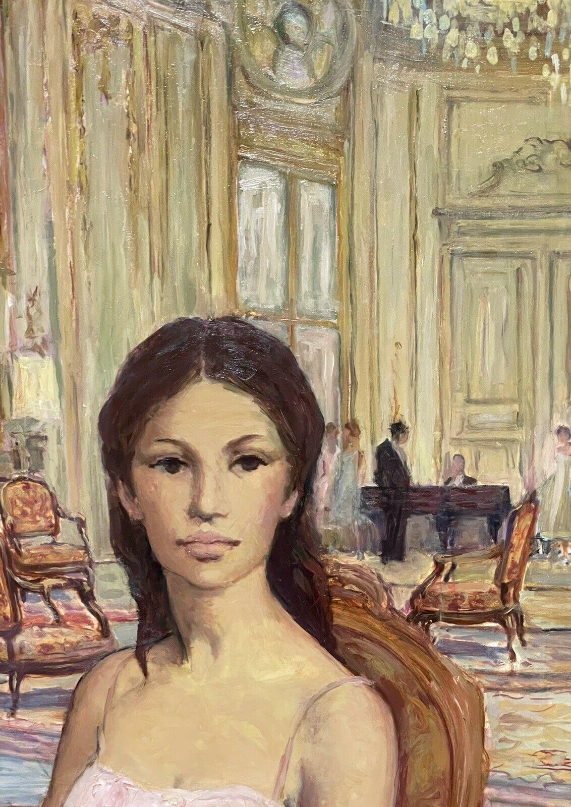 SIGNED FRENCH OIL - LADY SEATED IN LE MEURICE HOTEL PARIS TEA SALON INTERIOR - Post-Impressionist Painting by French signed