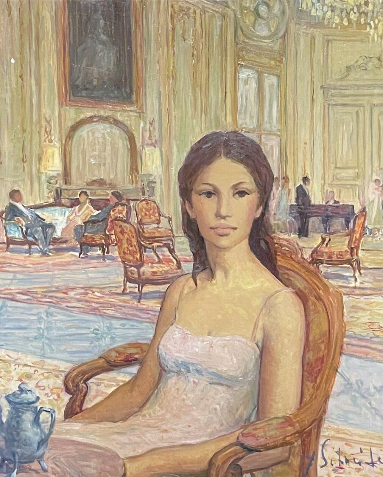 French signed Figurative Painting - SIGNED FRENCH OIL - LADY SEATED IN LE MEURICE HOTEL PARIS TEA SALON INTERIOR