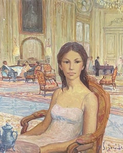 Vintage SIGNED FRENCH OIL - LADY SEATED IN LE MEURICE HOTEL PARIS TEA SALON INTERIOR