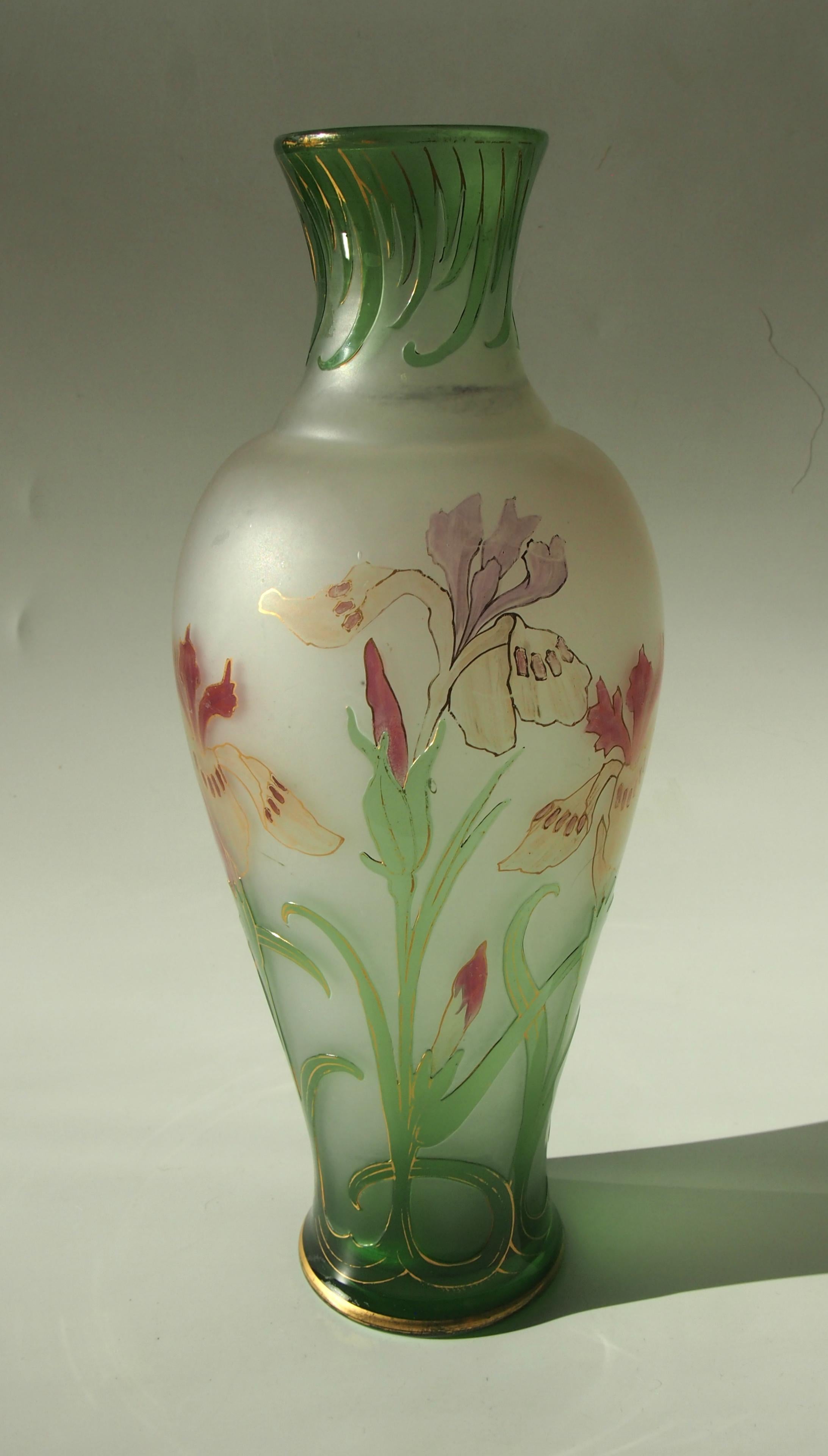 French Signed Art Nouveau Pantin Iris Cameo and Enamel Glass Vase In Good Condition In London, GB