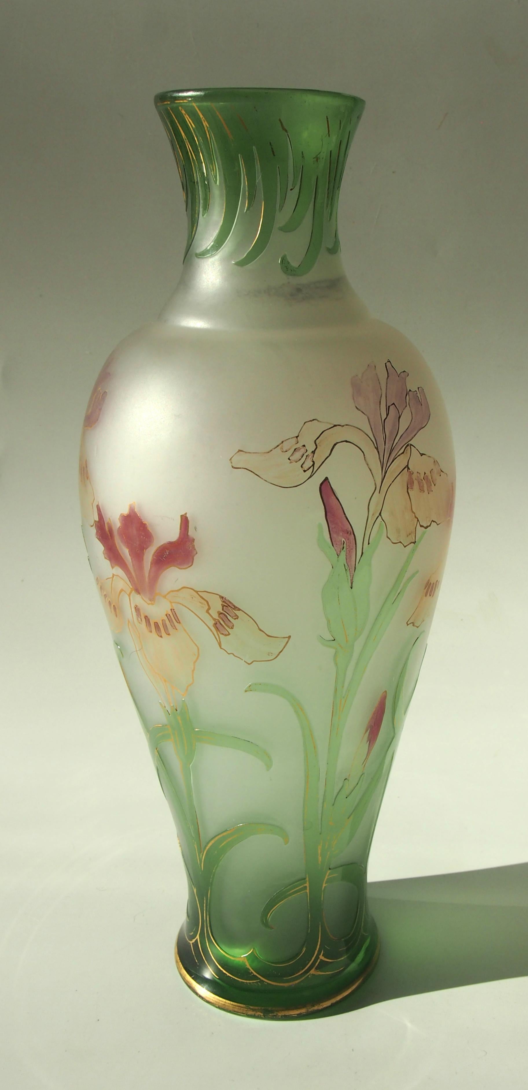 Late 19th Century French Signed Art Nouveau Pantin Iris Cameo and Enamel Glass Vase