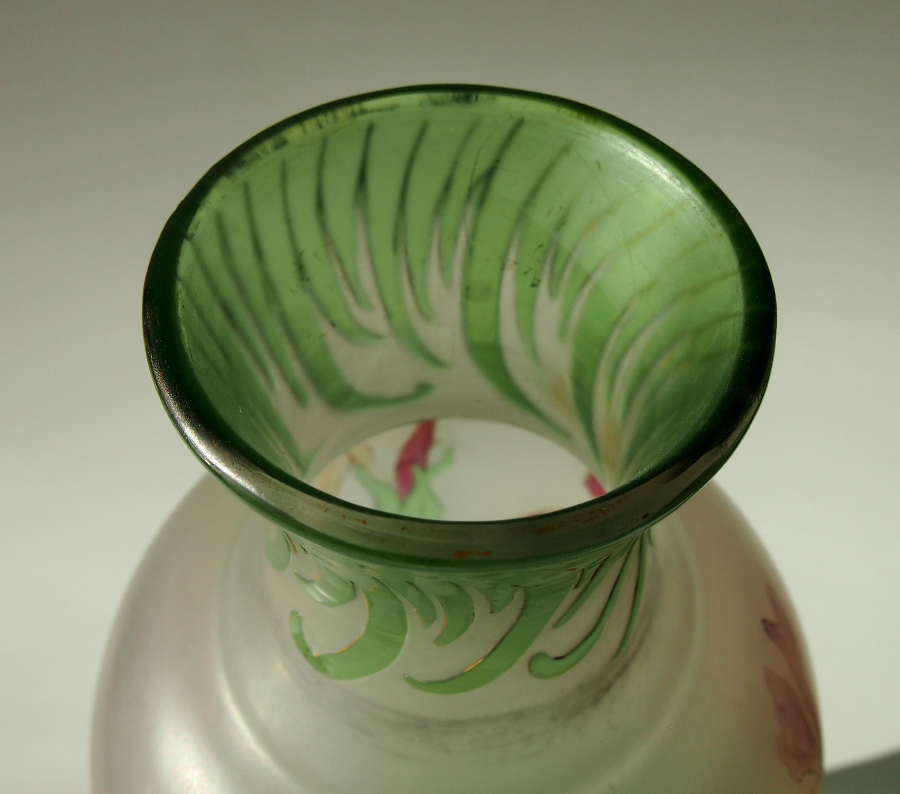 Art Glass French Signed Art Nouveau Pantin Iris Cameo and Enamel Glass Vase