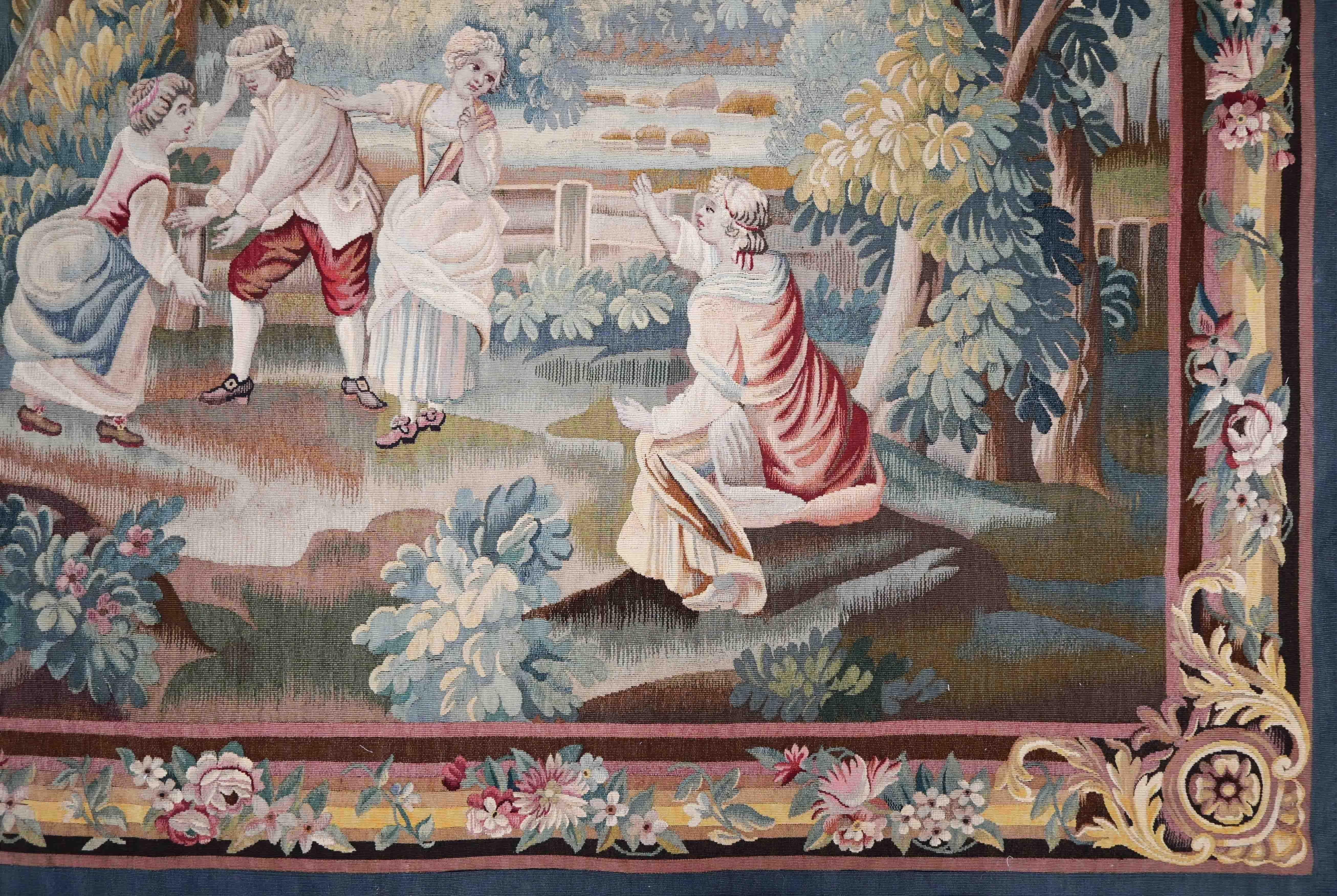 Tapiz de Aubusson firmado en francés, Escena del juego del escondite - 204X187cm - No. 1540 Provincial francés en venta