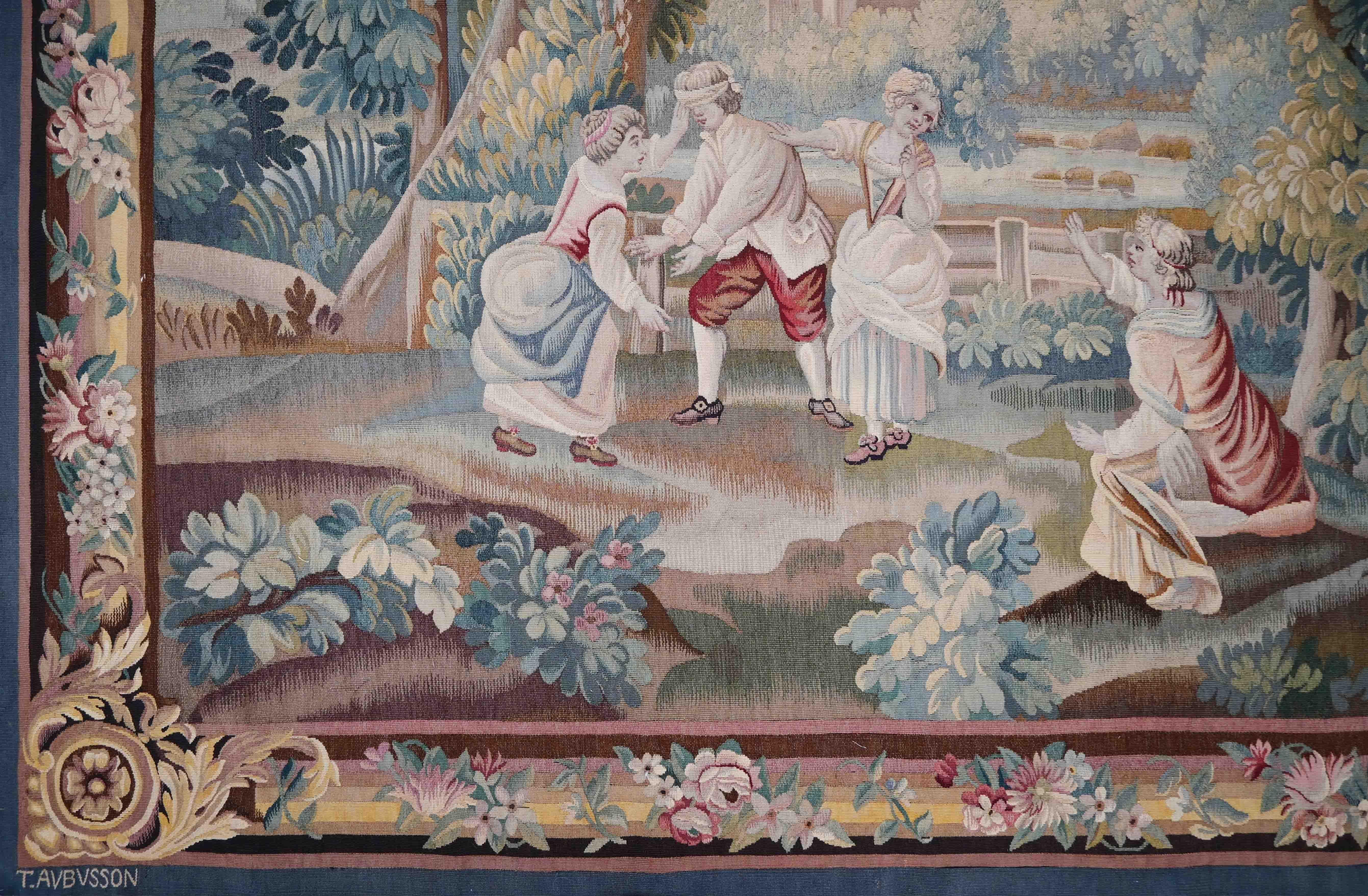 Tapiz de Aubusson firmado en francés, Escena del juego del escondite - 204X187cm - No. 1540 en Excelente estado para la venta en Paris, FR