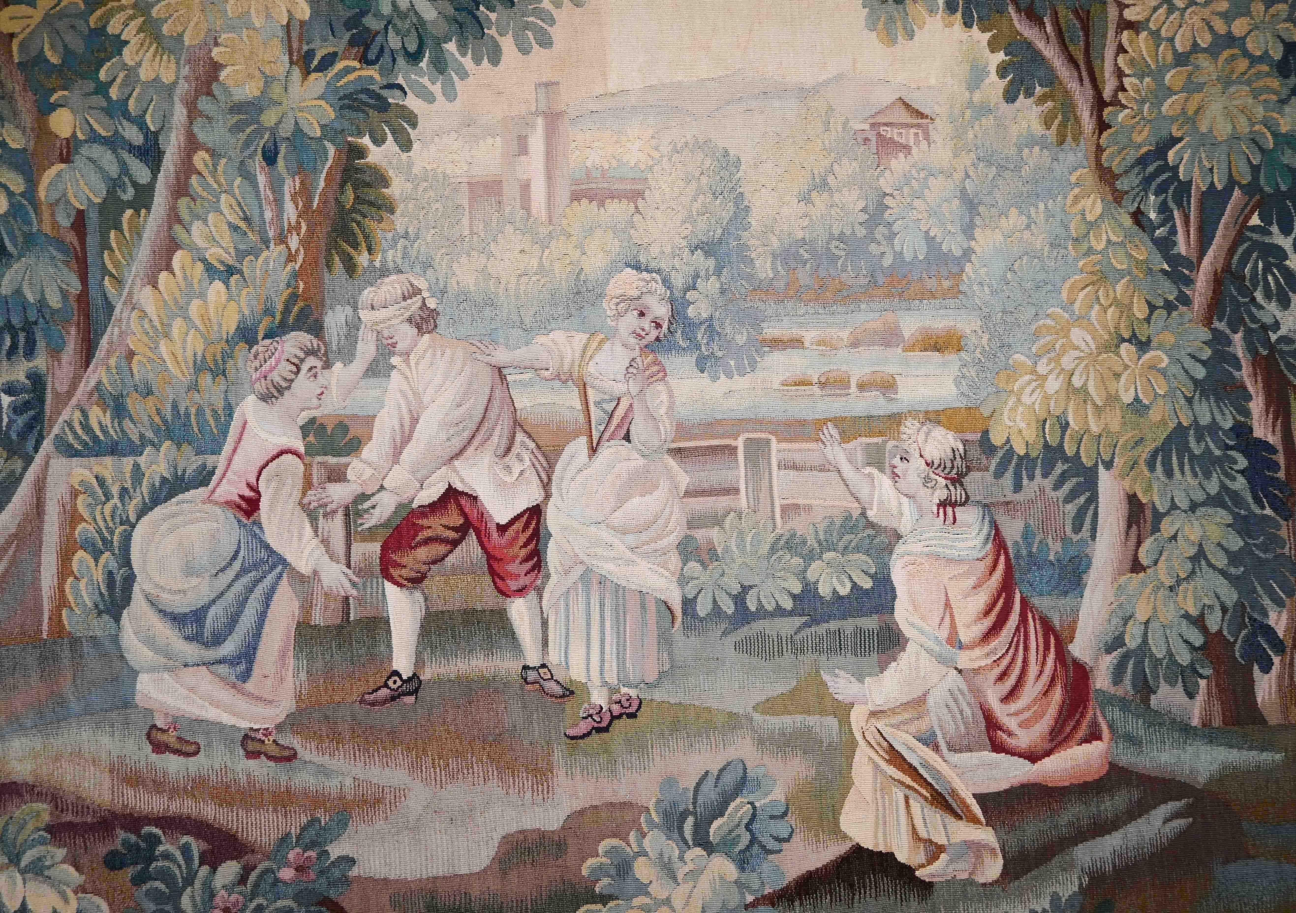 Tapiz de Aubusson firmado en francés, Escena del juego del escondite - 204X187cm - No. 1540 siglo XIX en venta