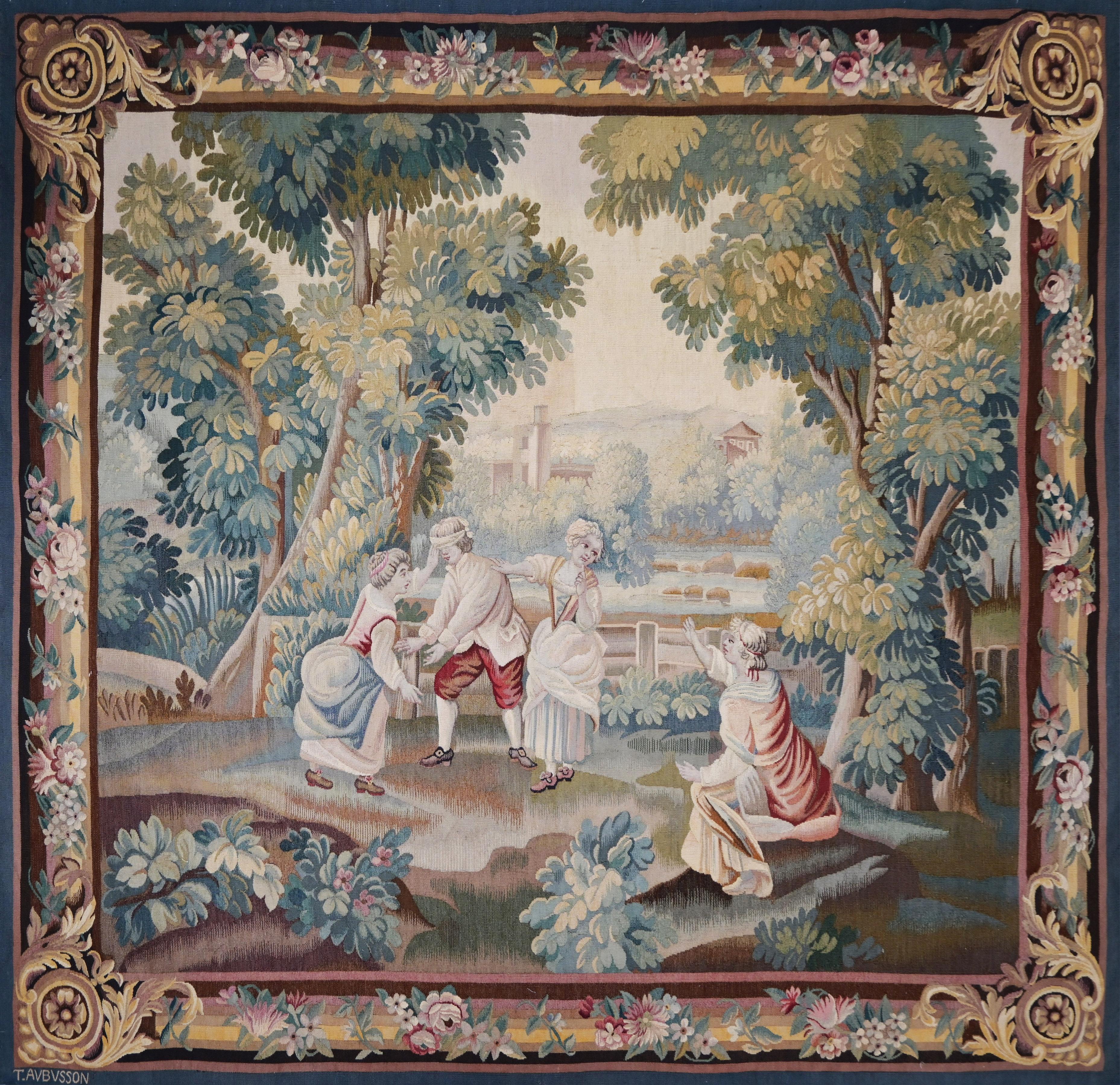 Tapiz de Aubusson firmado en francés, Escena del juego del escondite - 204X187cm - No. 1540 en venta 1