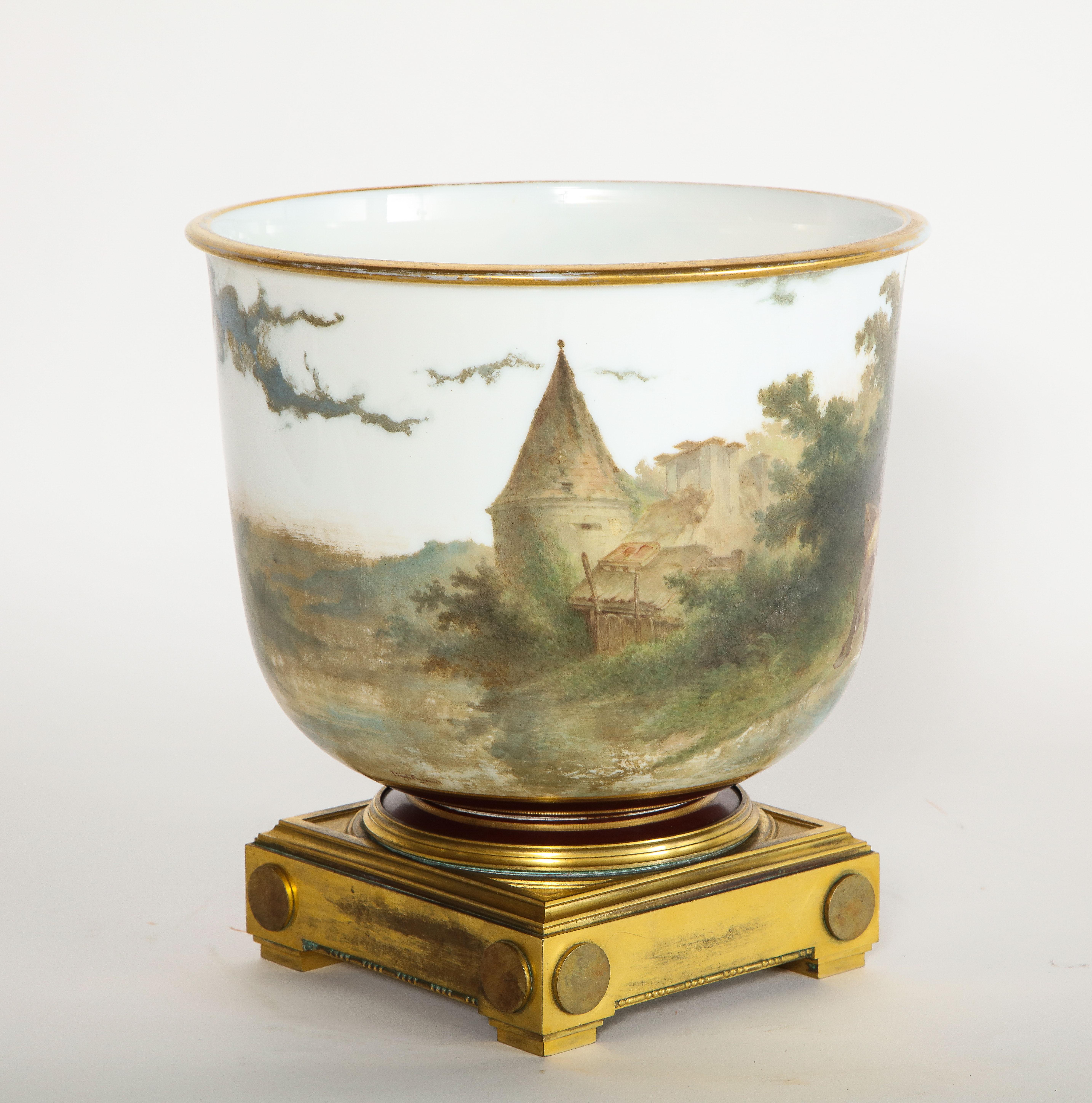 Mid-19th Century French Signed Baccarat White Opaline and Bronze Centerpiece/Jardinière/Planter For Sale
