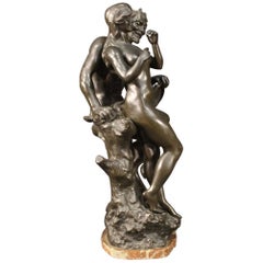 French Signed Bronze Sculpture Girl with Faun, 20th Century