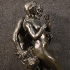 French Signed Bronze Sculpture Girl with Faun, 20th Century