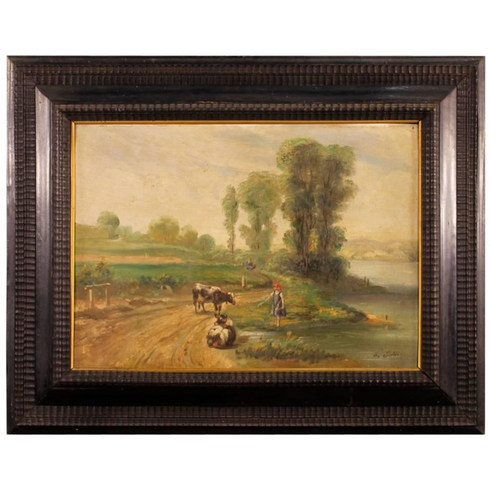 French Signed Bucolic Landscape Painting Oil on Canvas from 20th Century
