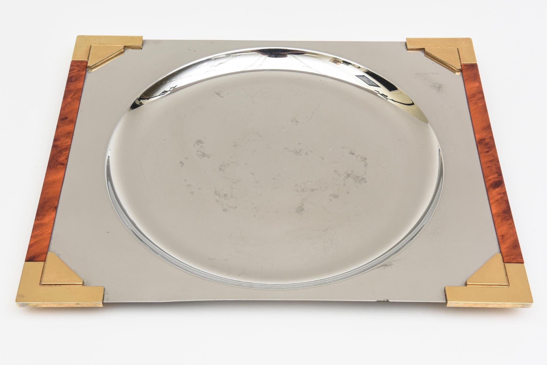 Guy Dugrenne Signé Burled Wood, Gilt, Stainless Tray or Barware French en vente 1