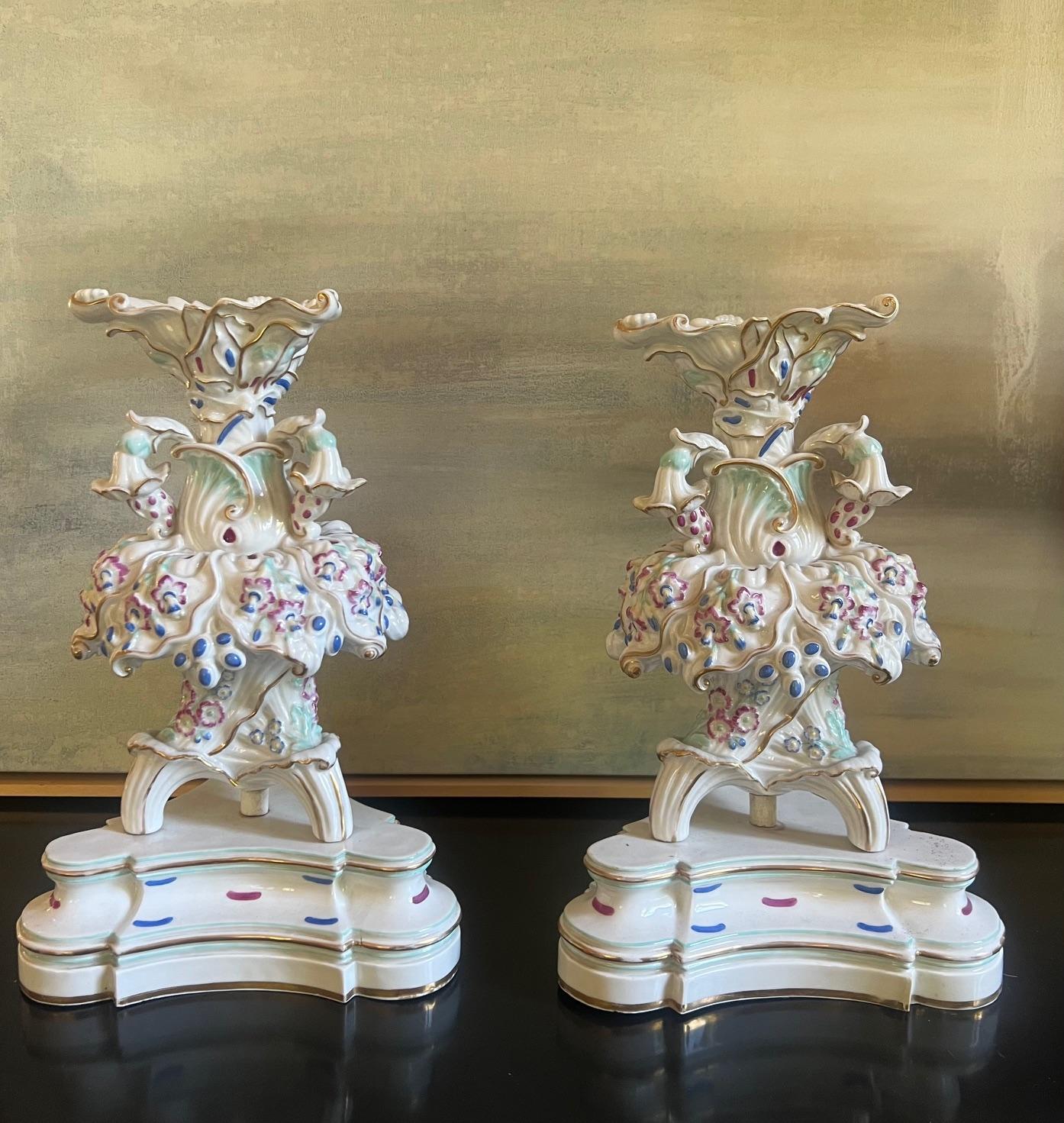 French Provincial French Signed Jacob Petit Porcelain Tripod Epergnes / Vases, Circa 1850s For Sale