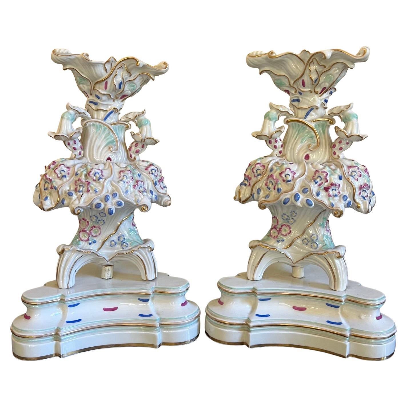 French Signed Jacob Petit Porcelain Tripod Epergnes / Vases, Circa 1850s For Sale