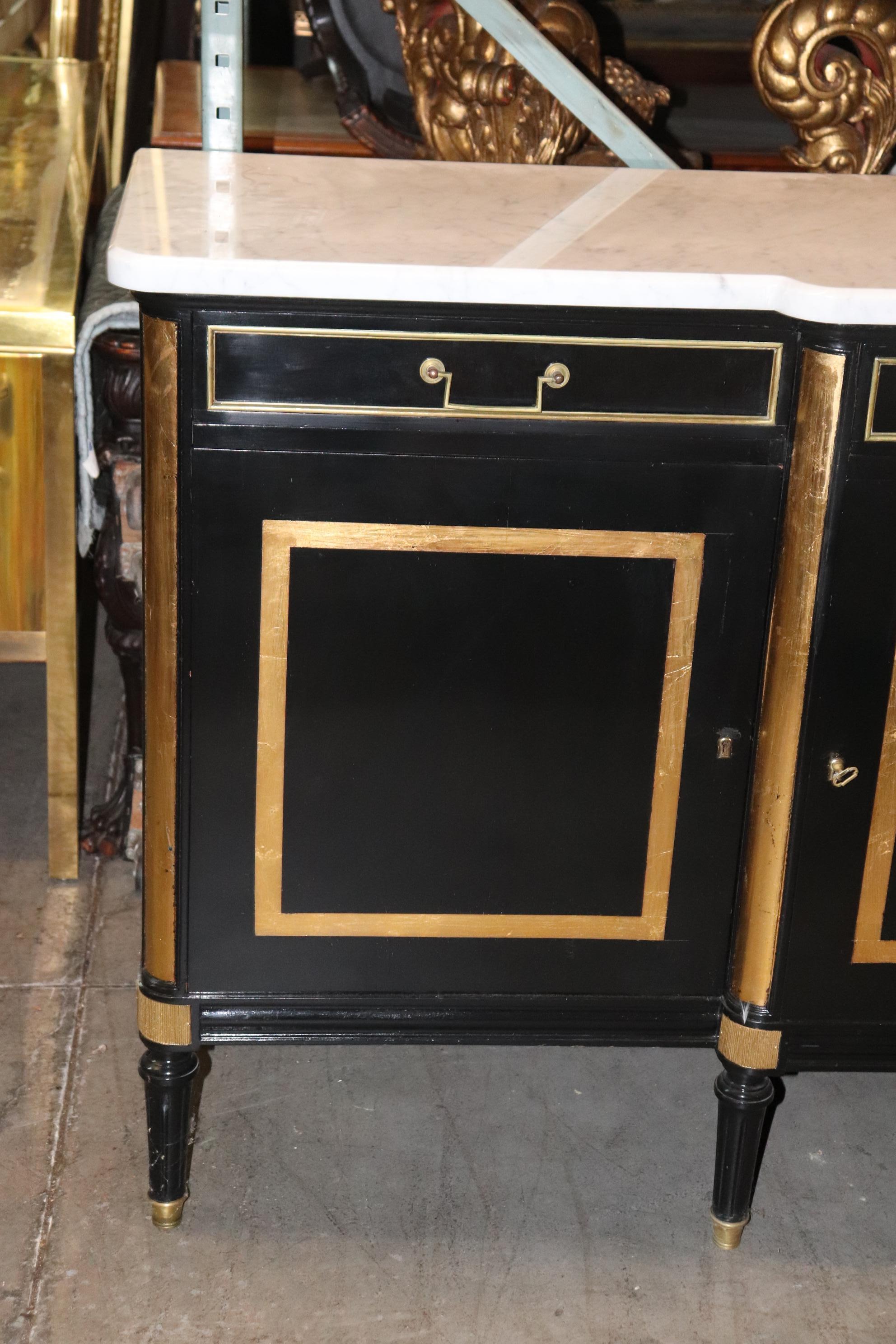 Mid-20th Century French Signed Jansen Black Lacquer Gilded Marble Top Directoire Sideboard 
