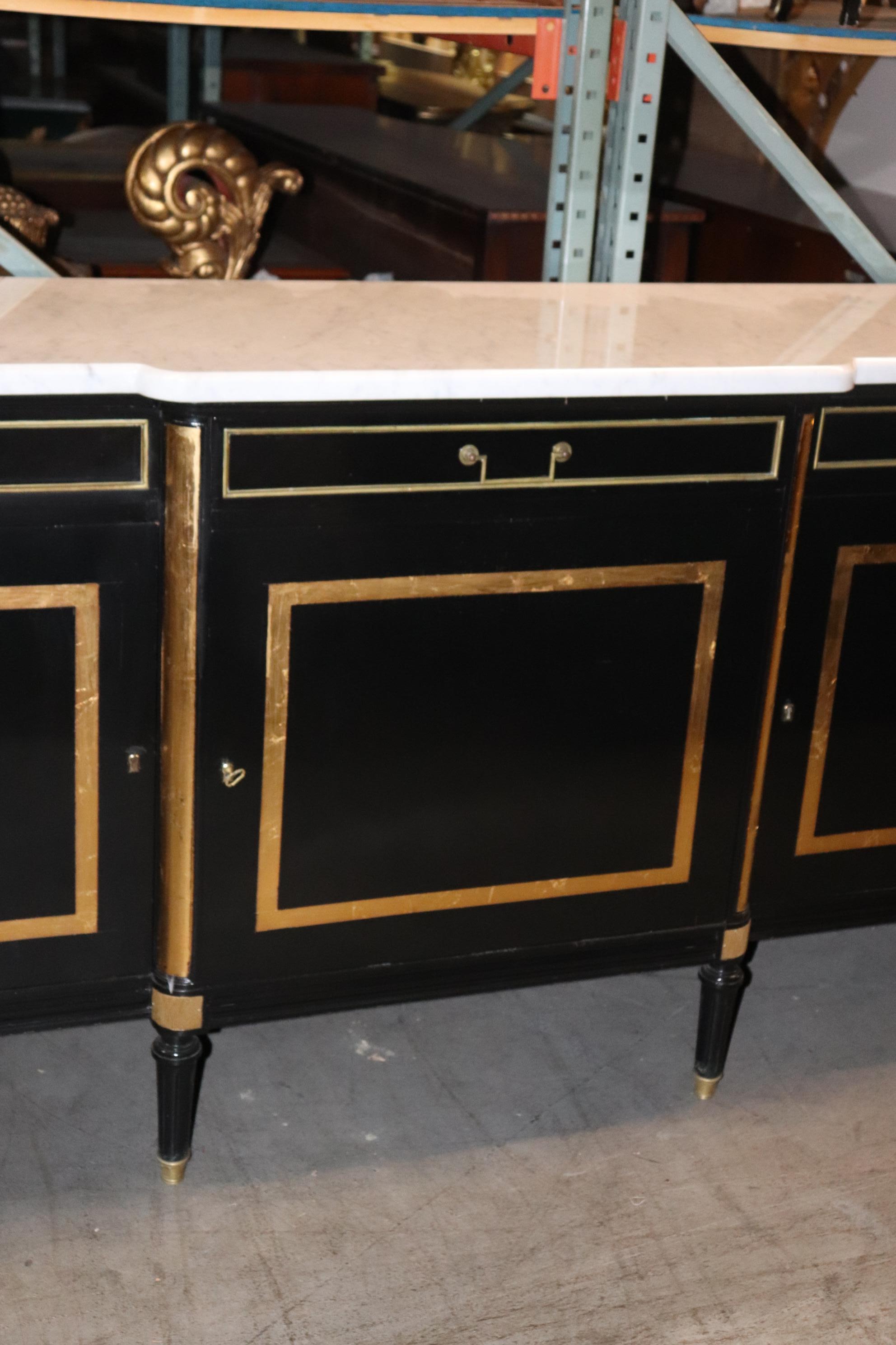 Carrara Marble French Signed Jansen Black Lacquer Gilded Marble Top Directoire Sideboard 