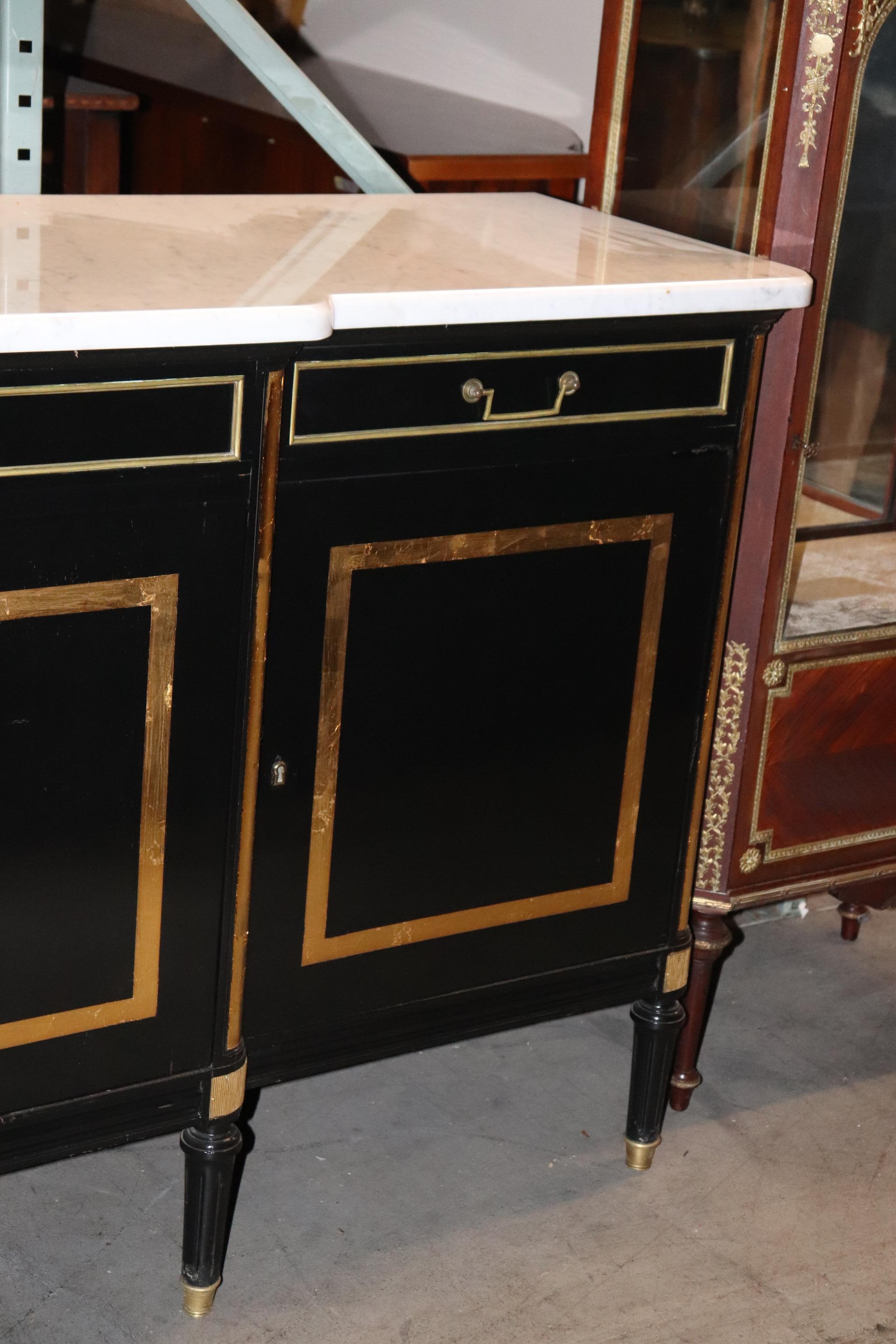 French Signed Jansen Black Lacquer Gilded Marble Top Directoire Sideboard  1