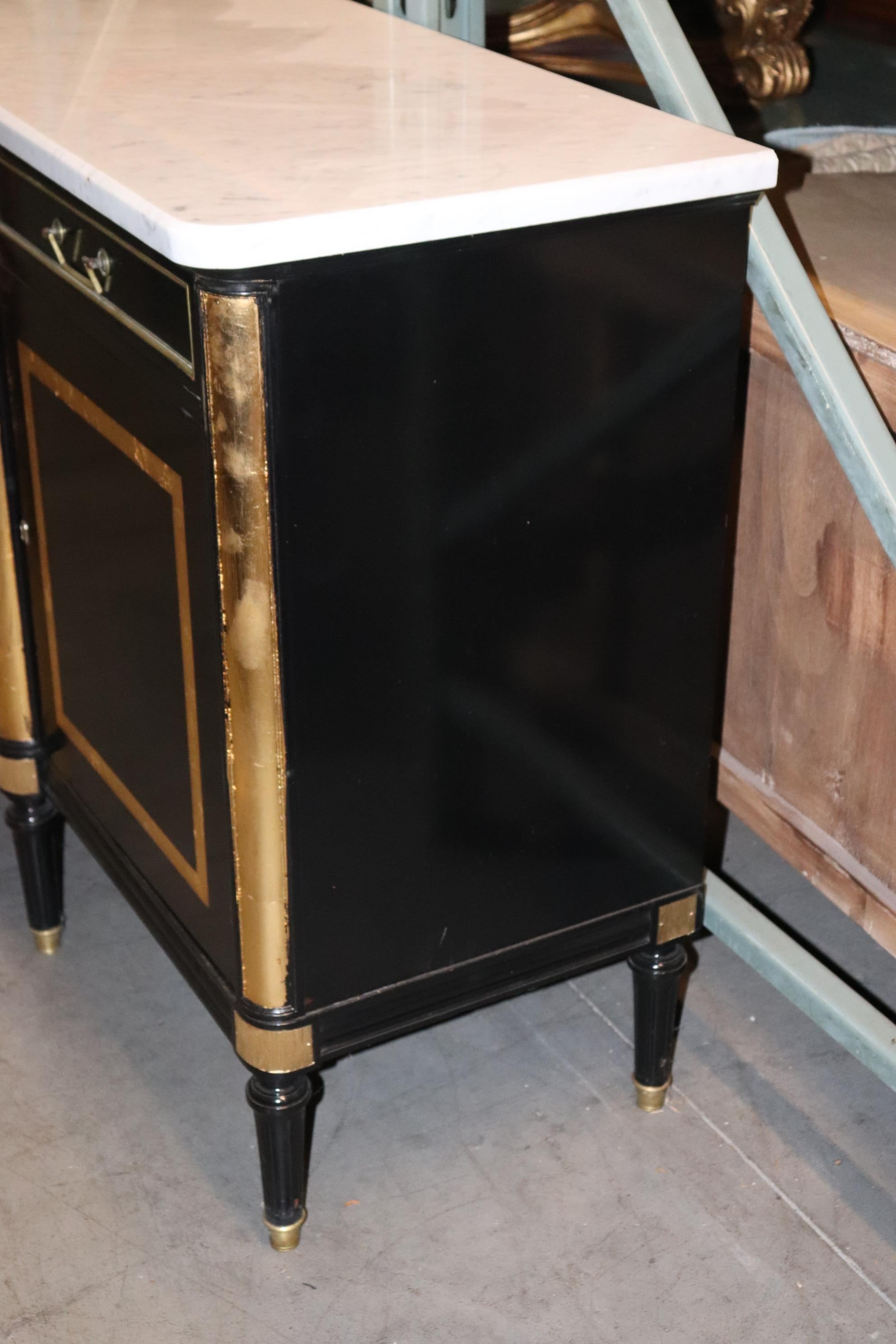 French Signed Jansen Black Lacquer Gilded Marble Top Directoire Sideboard  3
