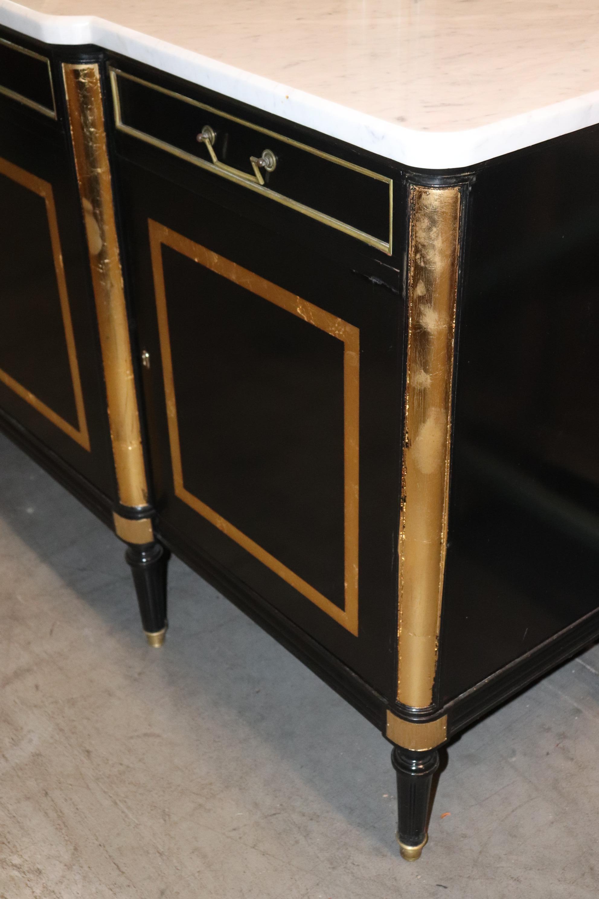 French Signed Jansen Black Lacquer Gilded Marble Top Directoire Sideboard  4