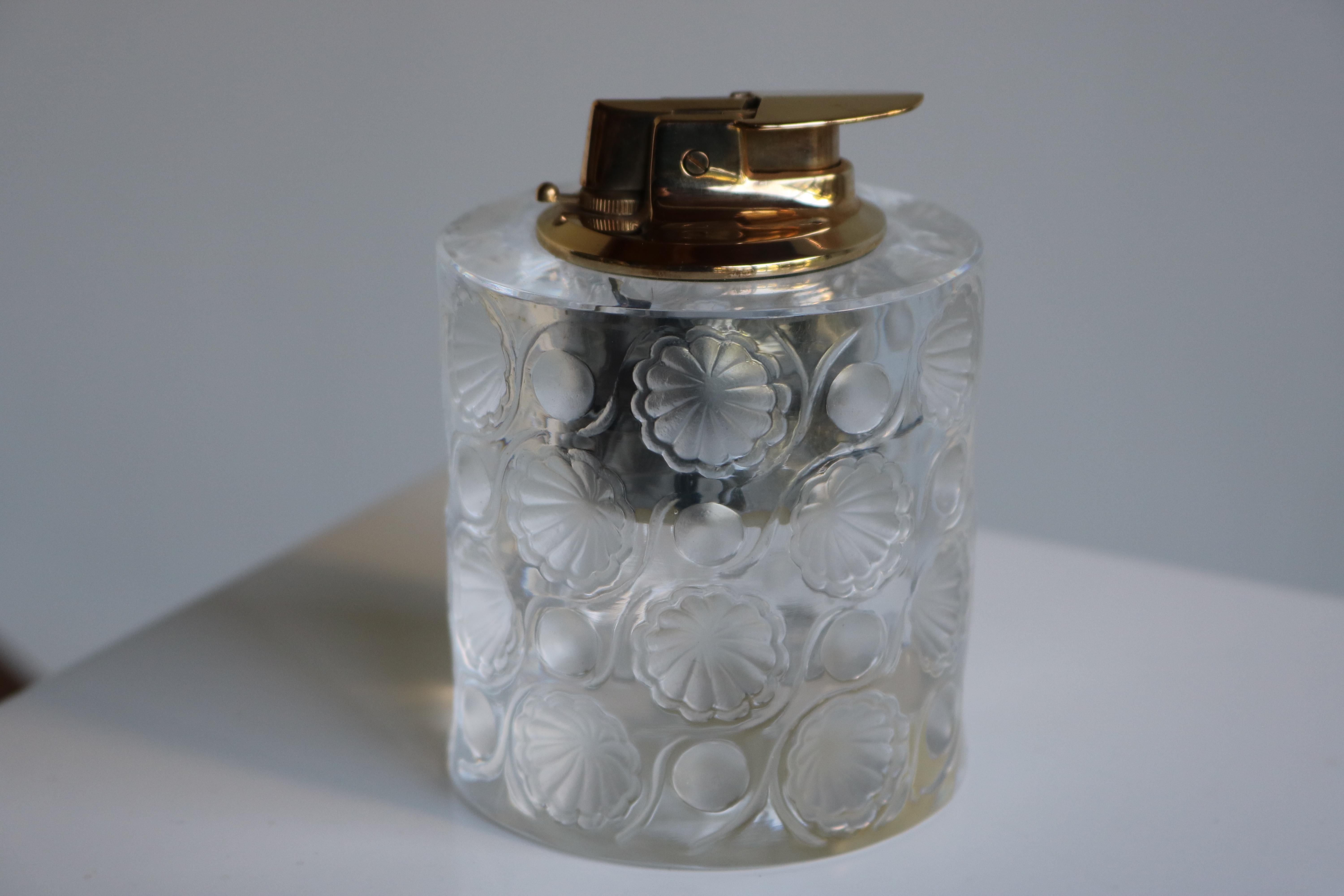 Brass French Signed Lalique Crystal Tokyo Table Lighter with Frosted Floral Medallions For Sale