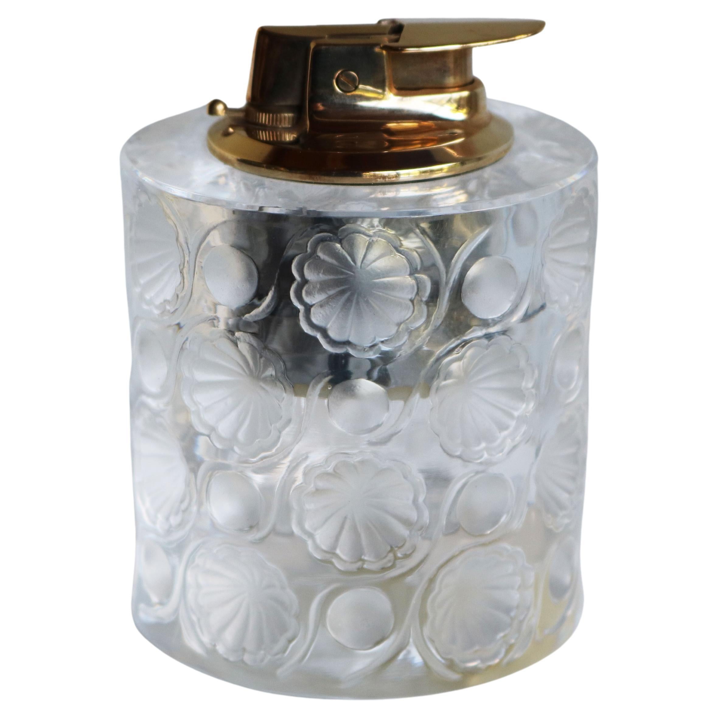 French Signed Lalique Crystal Tokyo Table Lighter with Frosted Floral Medallions For Sale
