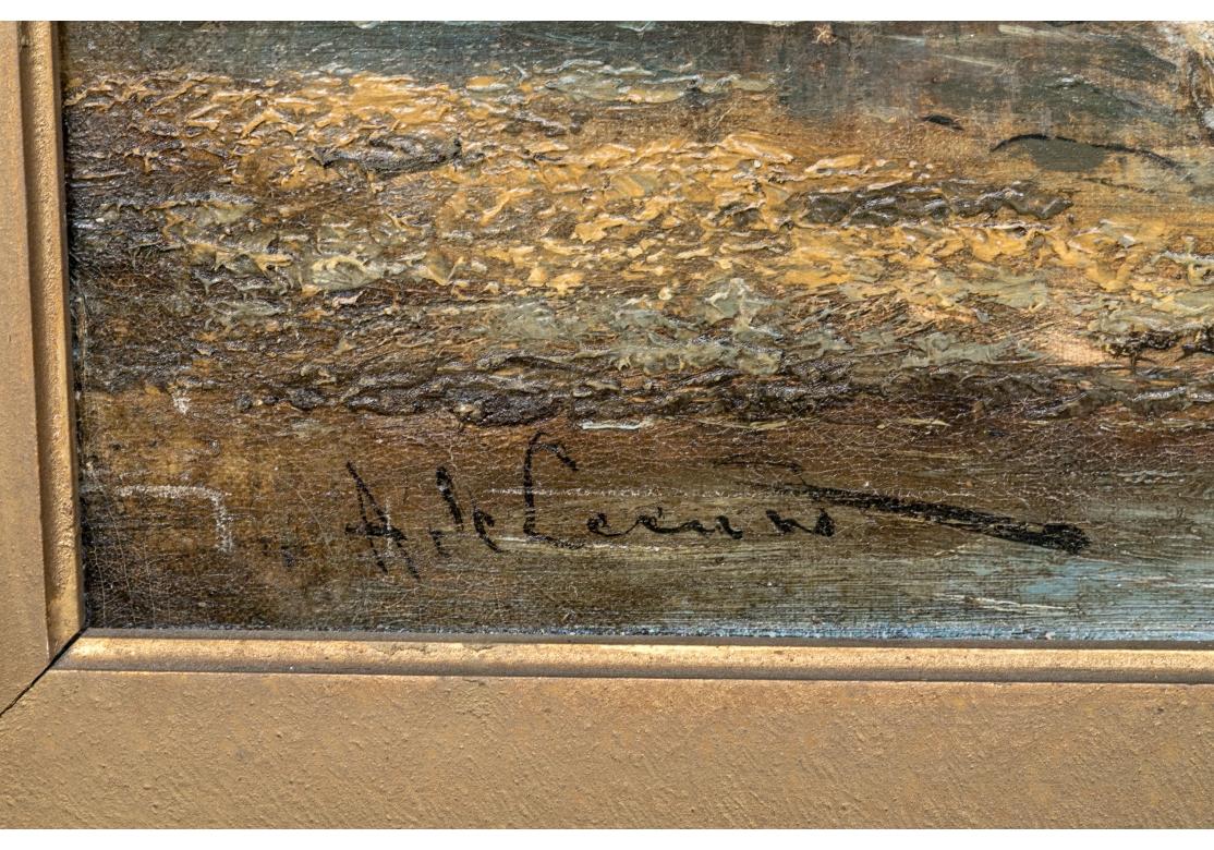 Olio antico su tavola con cornice dorata di grandi dimensioni firmato francese, Il raccolto del grano in vendita 2