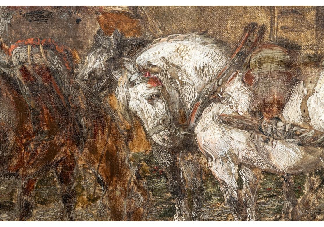 Firmato indistintamente in basso a sinistra. Un bel dipinto di grandi dimensioni che raffigura l'intensa raccolta del grano con gli operai che caricano un carro trainato da cavalli e sovraccarico di covoni di grano mentre un altro carro già carico