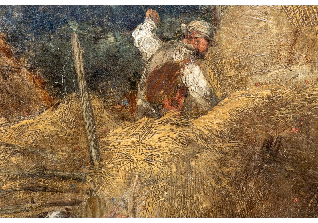 Olio antico su tavola con cornice dorata di grandi dimensioni firmato francese, Il raccolto del grano in vendita 1