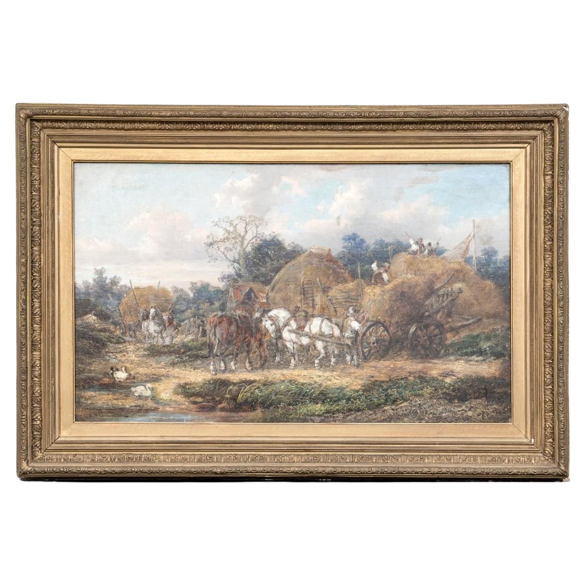 French Signed Large Gilt Framed Antique Oil On Board, The Wheat Harvest