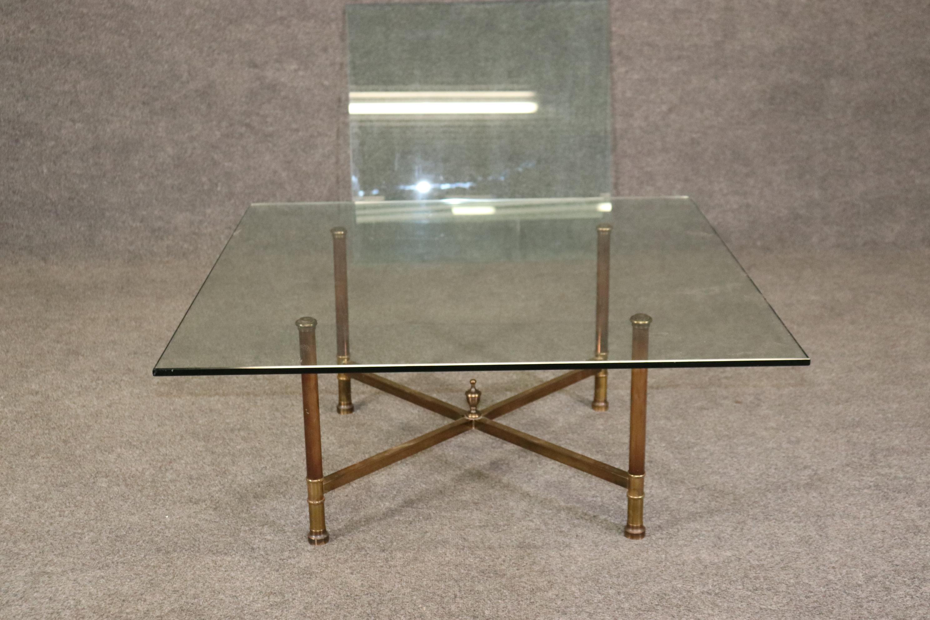 French Signed Maison Jansen Paris Regency Style Brass Glass Top Coffee Table In Good Condition For Sale In Swedesboro, NJ