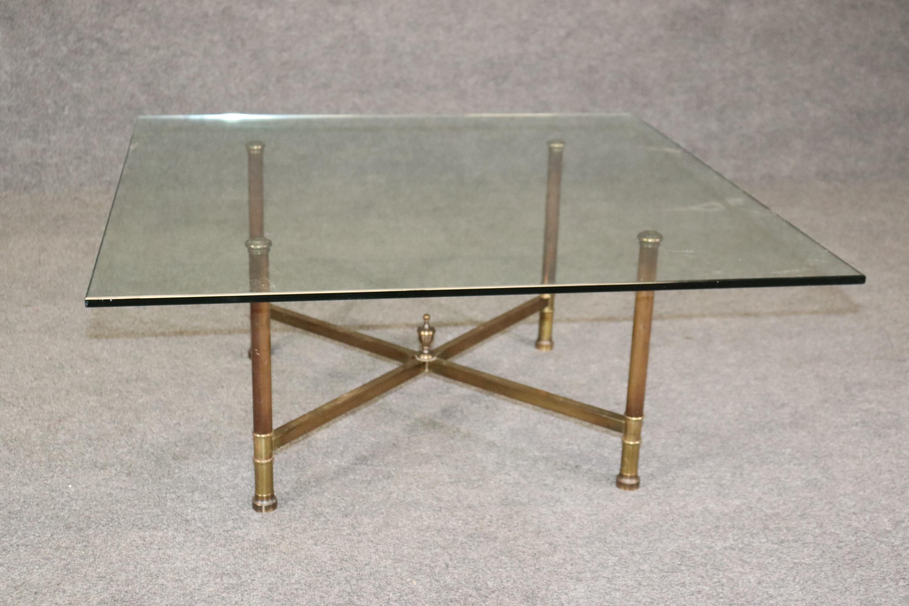 20th Century French Signed Maison Jansen Paris Regency Style Brass Glass Top Coffee Table For Sale