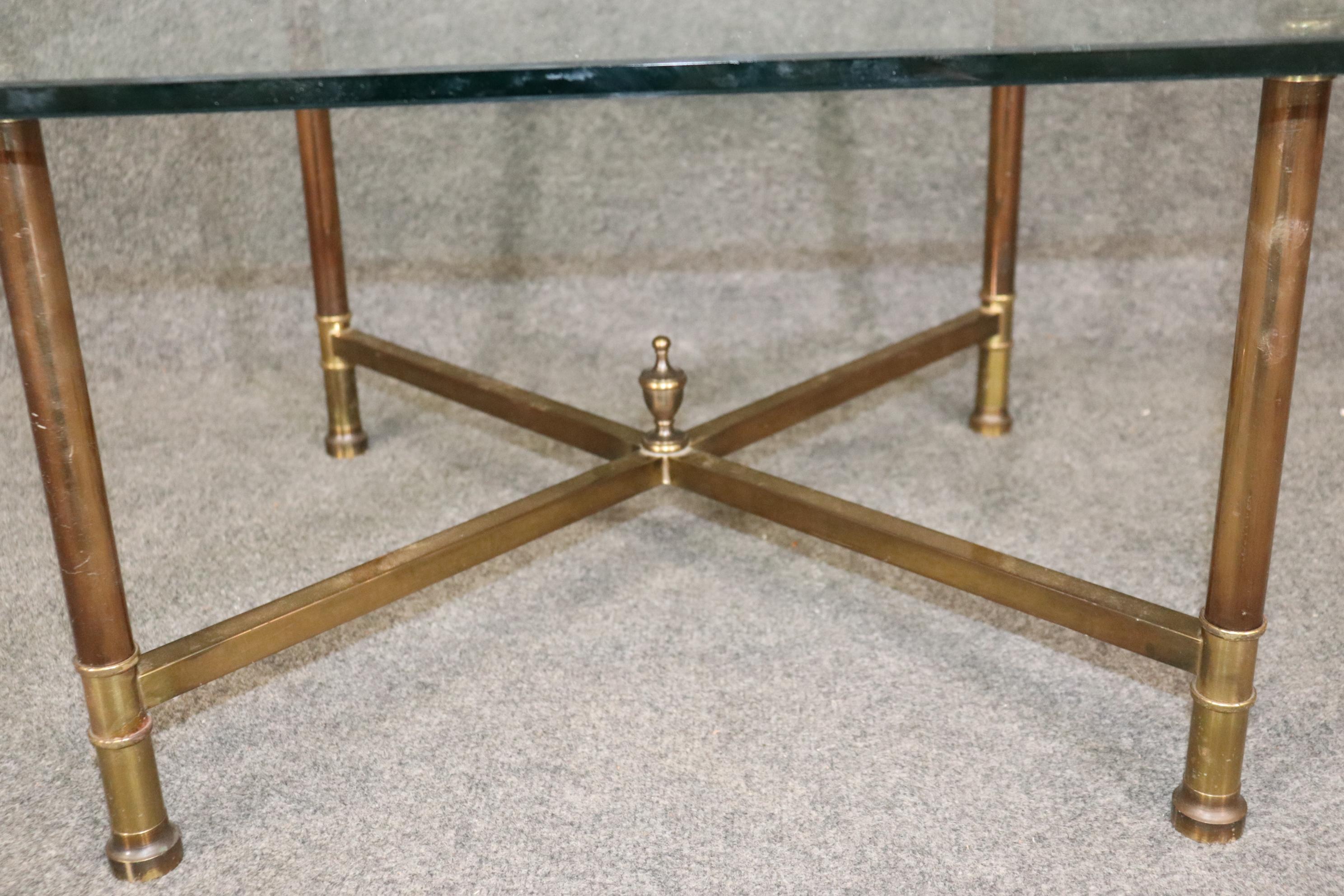 Metal French Signed Maison Jansen Paris Regency Style Brass Glass Top Coffee Table For Sale