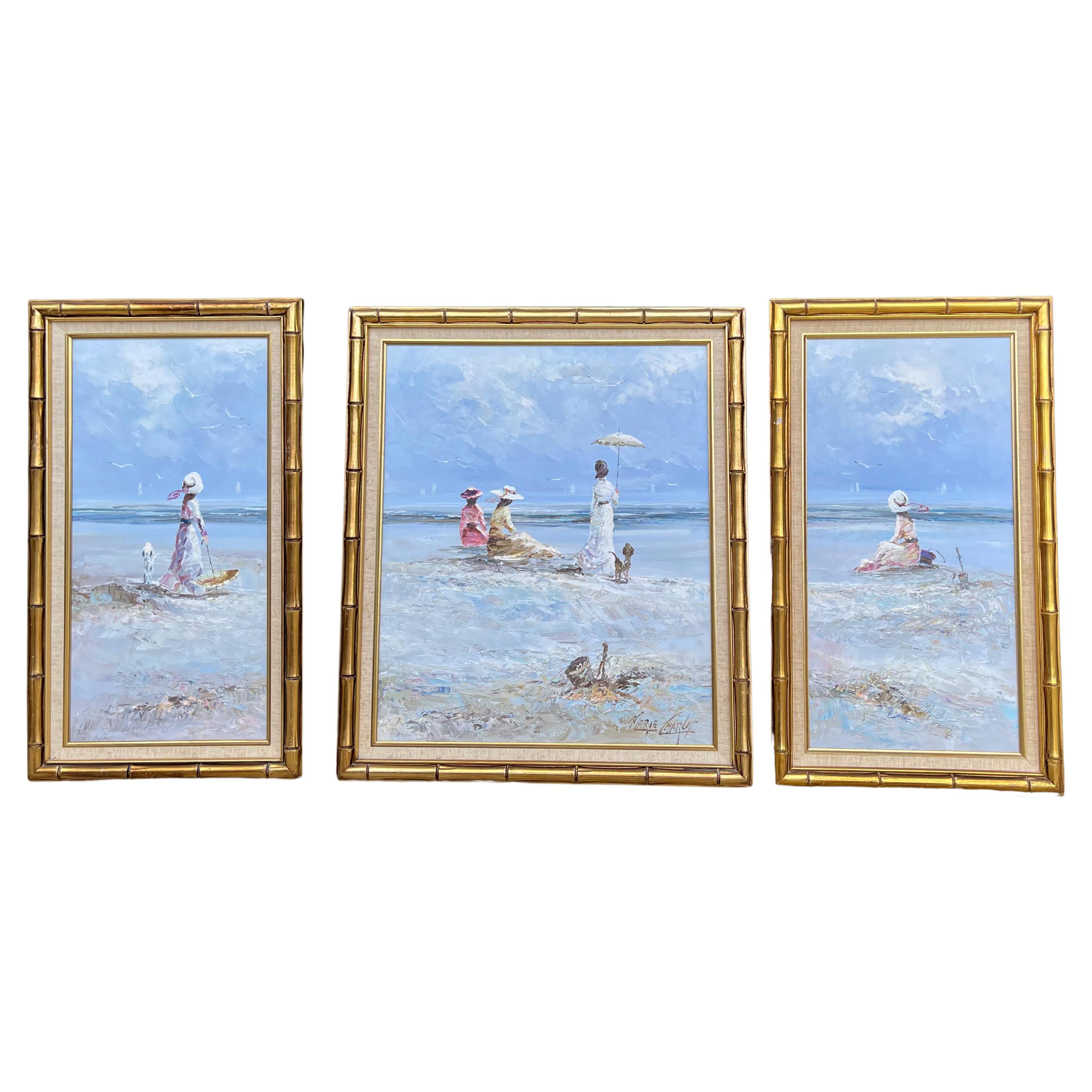 French Signed Marie Charlot Oil on Canvas Ladies at the Beach Paintings, S/3