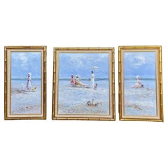 French Signed Marie Charlot Oil on Canvas Ladies at the Beach Paintings, S/3