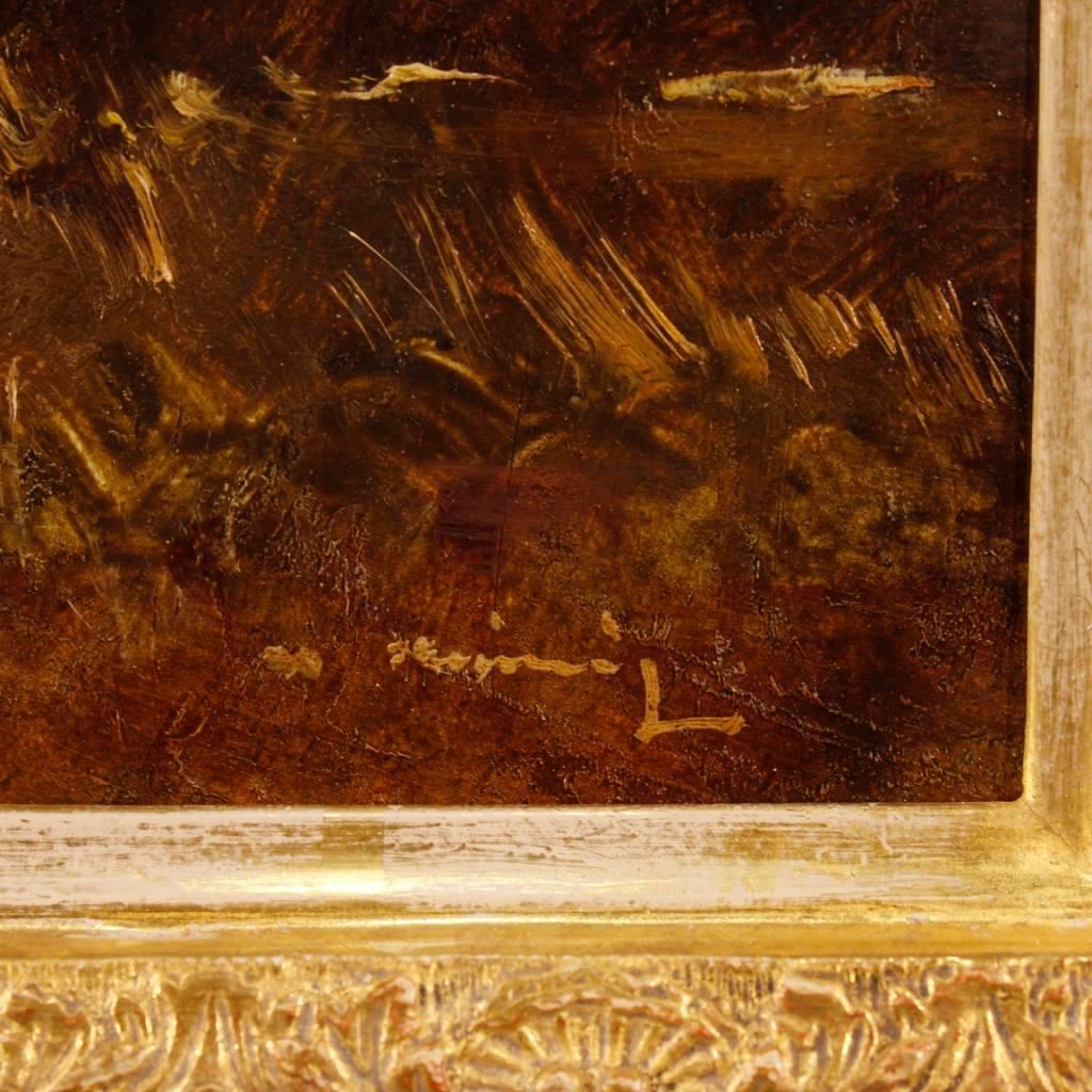 French painting of the 20th century. Work oil on board depicting an Impressionist landscape with figures of excellent pictorial quality. Nicely carved and gilded frame in wood and plaster of beautiful decoration. Painting for antique dealers and