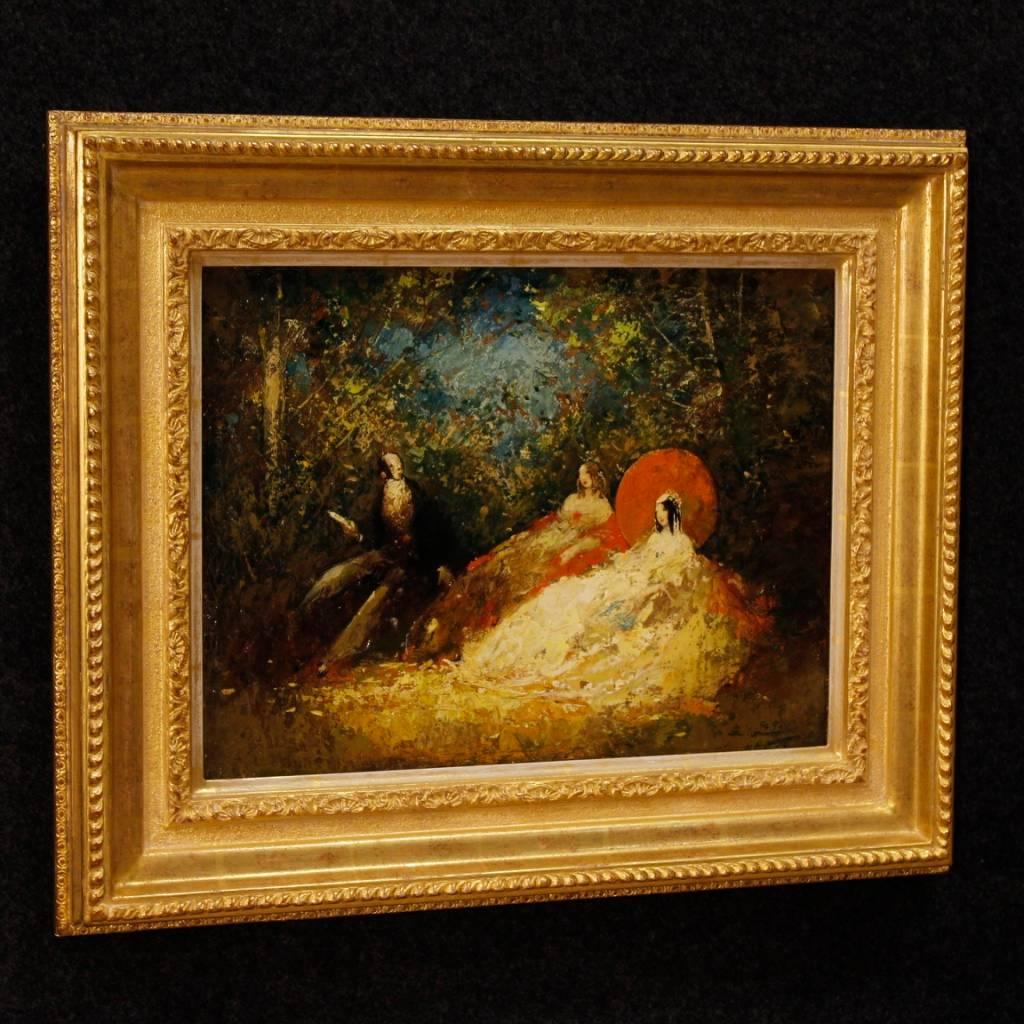 French painting of the 20th century. Excellent pictorial work depicting a romantic scene in impressionist style. In the style of Adolphe Monticelli. Oil painting on masonite of small size and pleasant decor. Modern frame in wood and plaster, carved