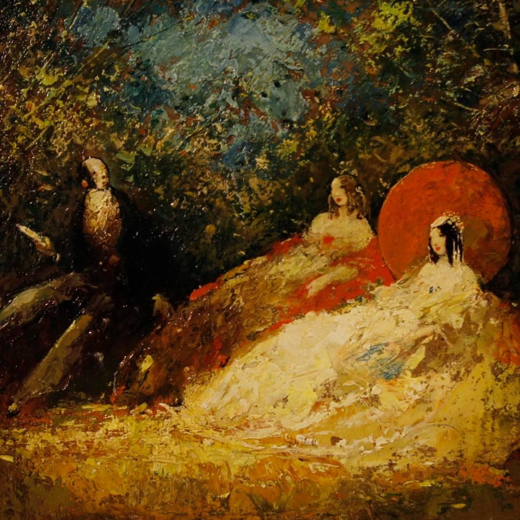 Gilt French Signed Painting Oil on Masonite Romantic Scene in Impressionist Style