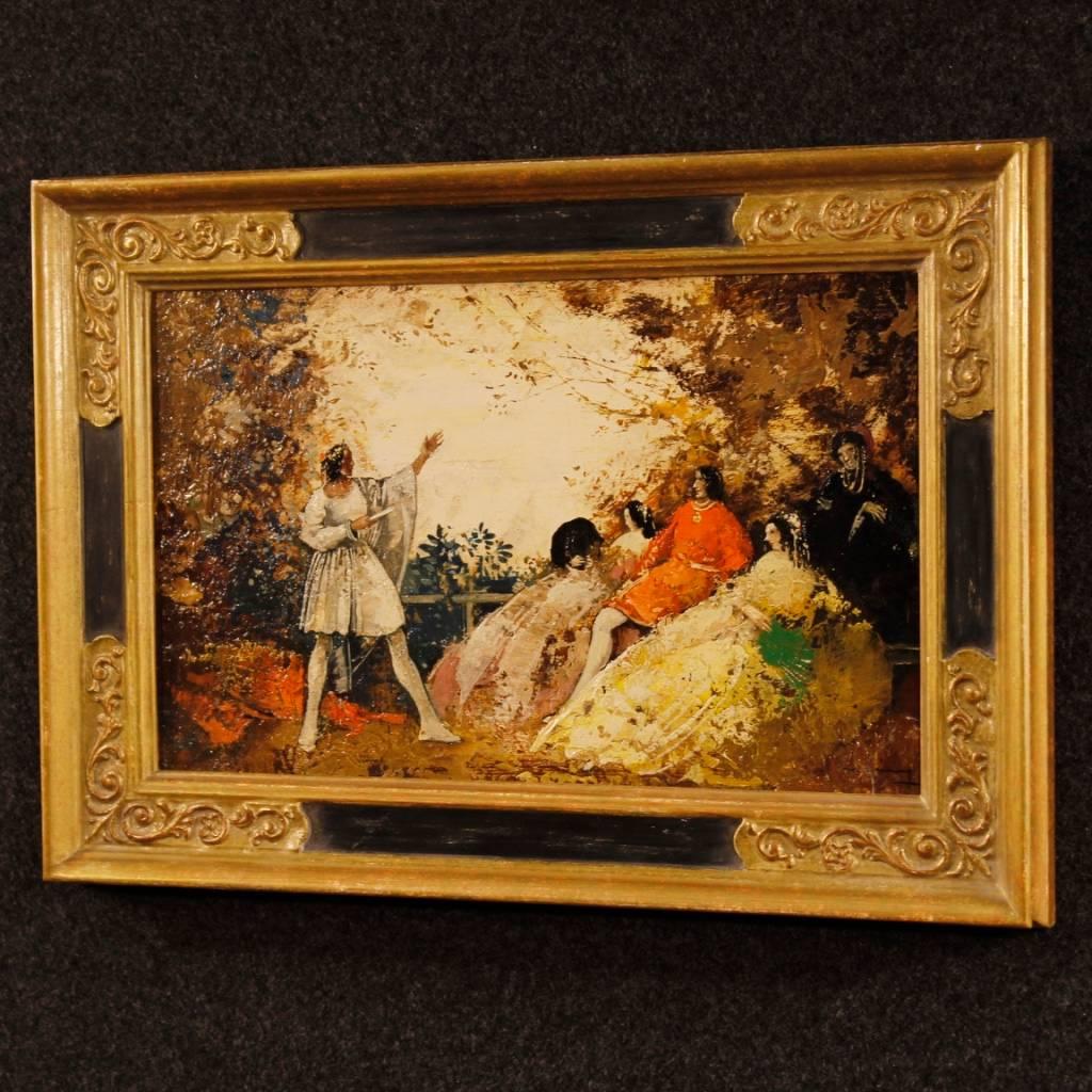 French Signed Painting Romantic Landscape with Characters Oil on Board 3