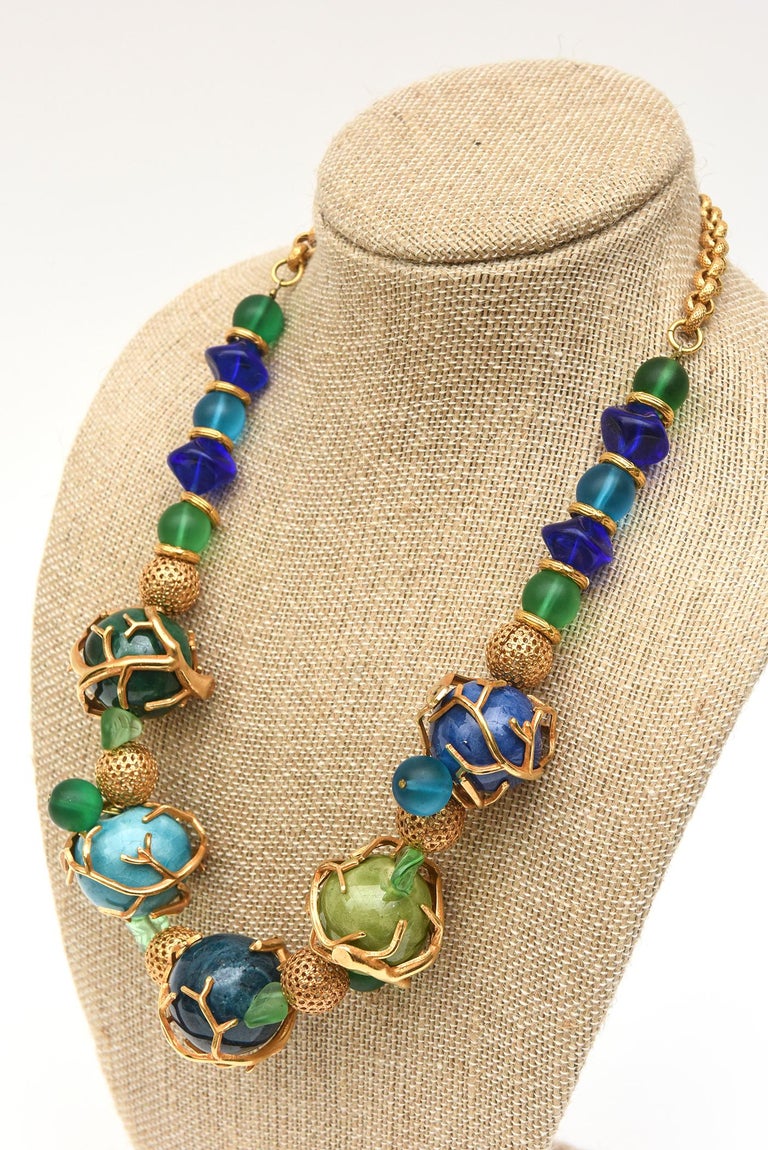  Philippe Ferrandis Signed Glass, Resin and Gold Plated Beaded Necklace French For Sale 5