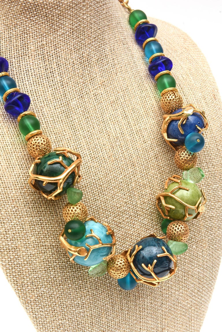  Philippe Ferrandis Signed Glass, Resin and Gold Plated Beaded Necklace French For Sale 4