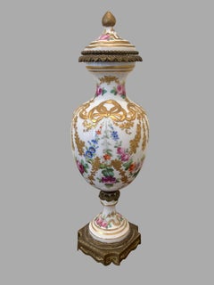 French Signed Sevres Bronze Mounted Covered Vase with Floral Decoration