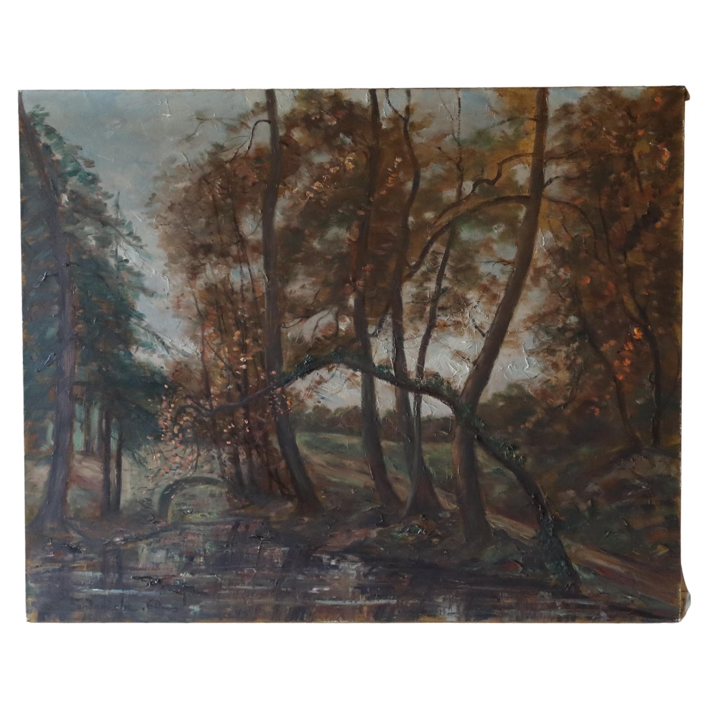 French Vintage large Oil Painting on Canvas- Autumn Landscape Scene-original signet C.Fondanéche-60s
Wonderful play of Autumn Colors - very detailed painted
Good vintage condition - a little piece of paint has come off - as shown in detail in the