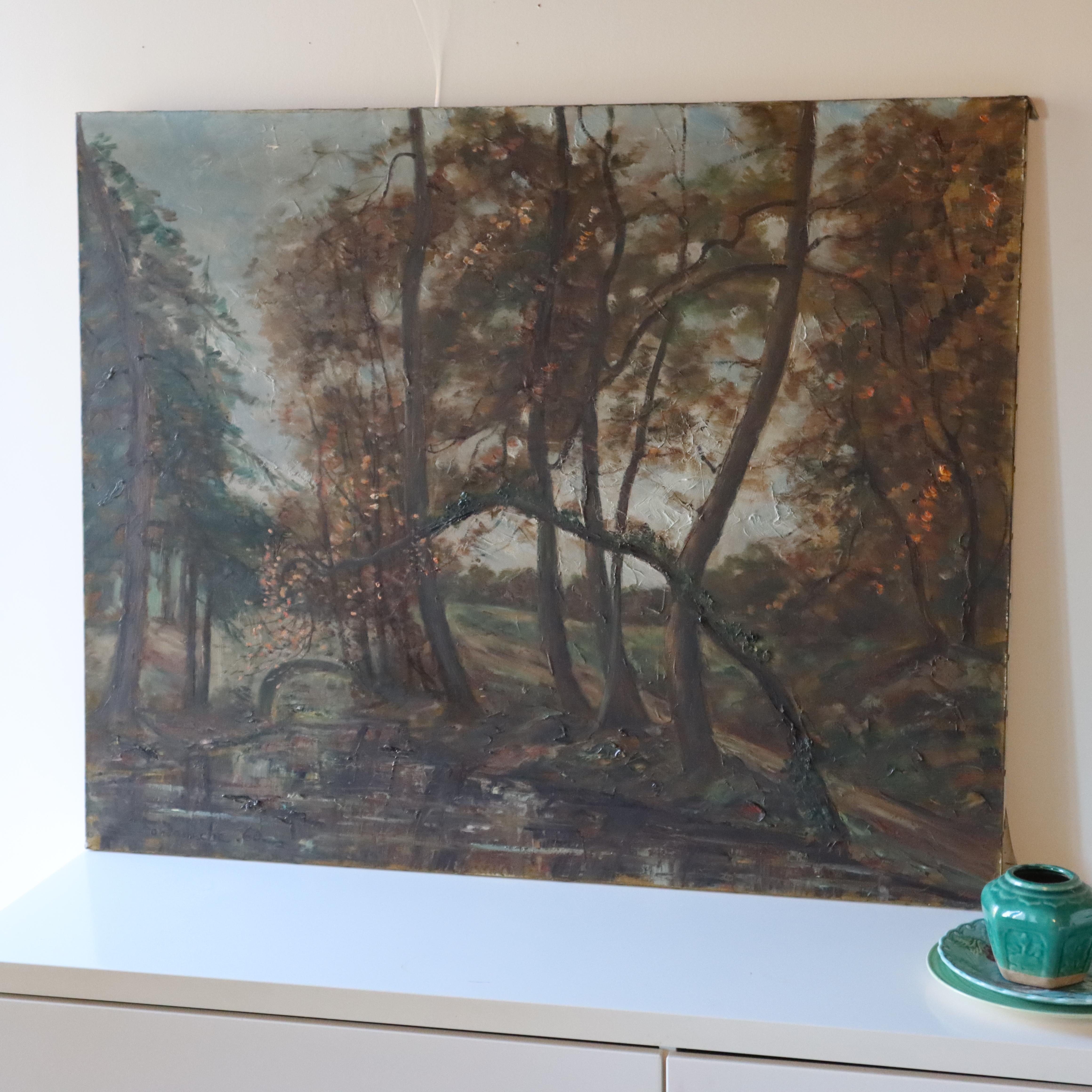 French Provincial French signet Oil Painting-Artist C. Fondanéche-Autumn Landscape Scene-60s For Sale
